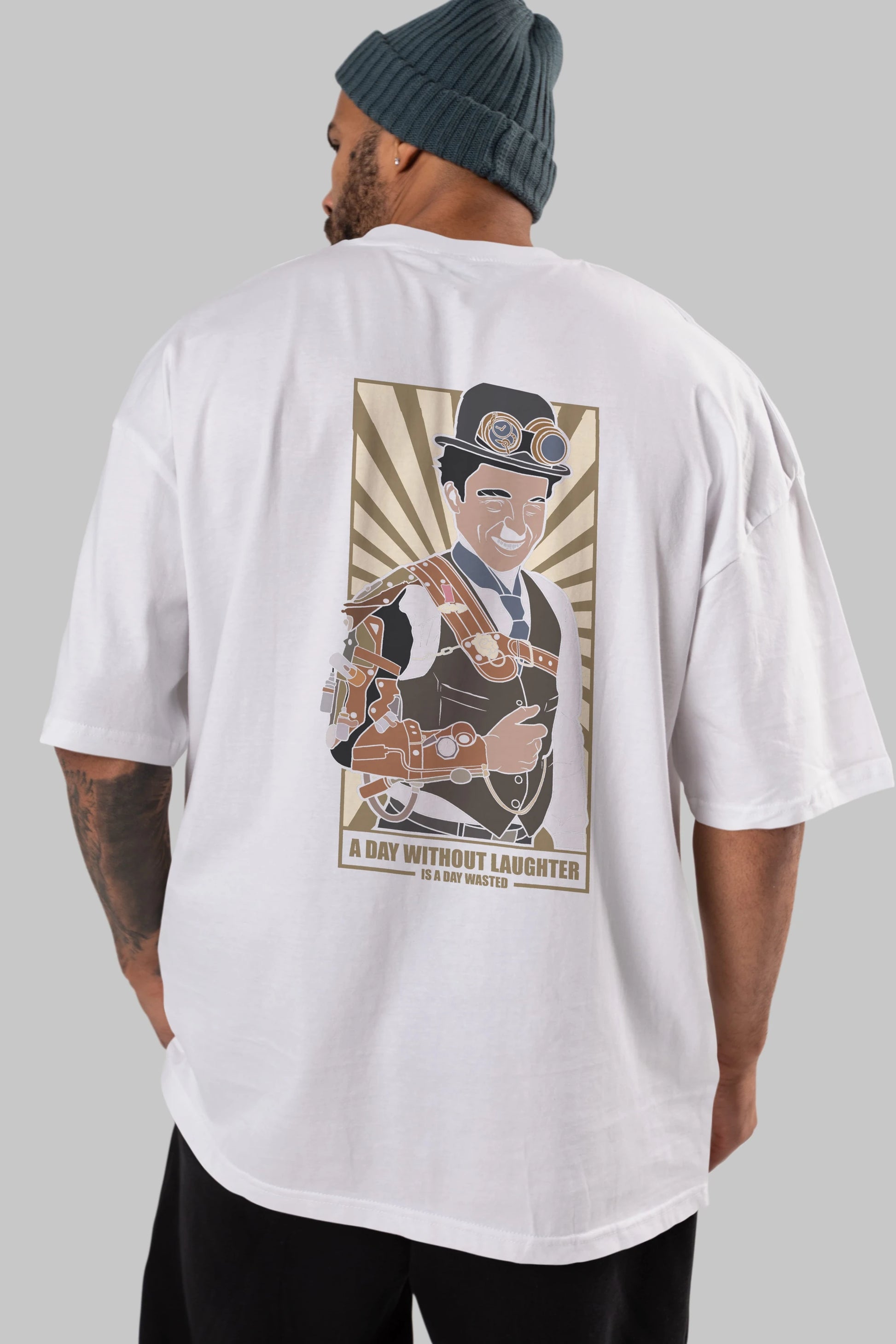 Steampunk Chaplin Arka Baskılı Oversize t-shirt Erkek Kadın Unisex %100 Pamuk tişort