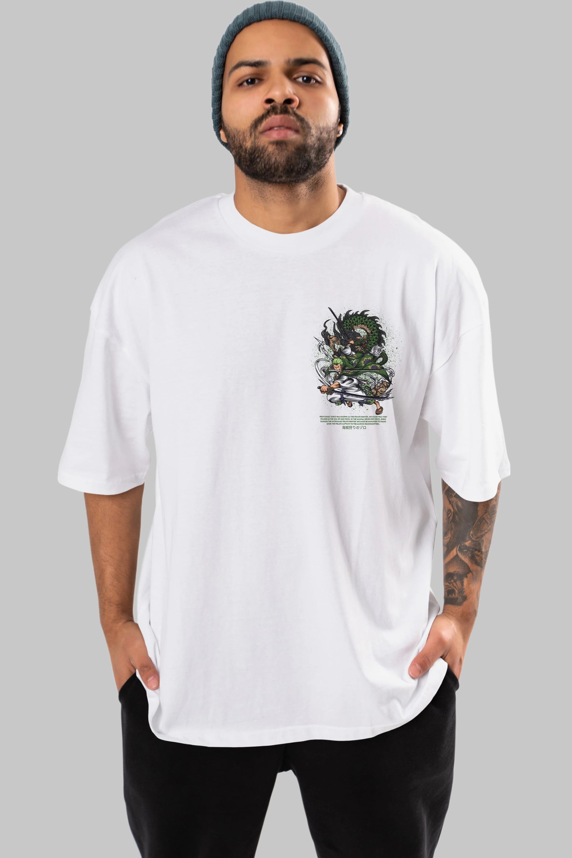 Zoro-ONE PIECE Ön Sol Baskılı Oversize t-shirt Erkek Kadın Unisex %100 Pamuk Bisiklet Yaka tişort
