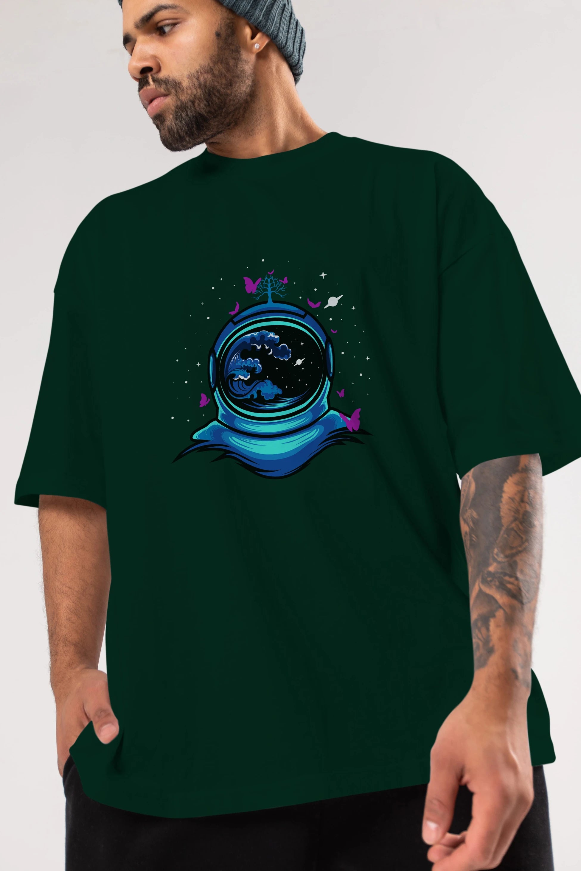 Astronaut and Butterfly Ön Baskılı Oversize t-shirt Erkek Kadın Unisex