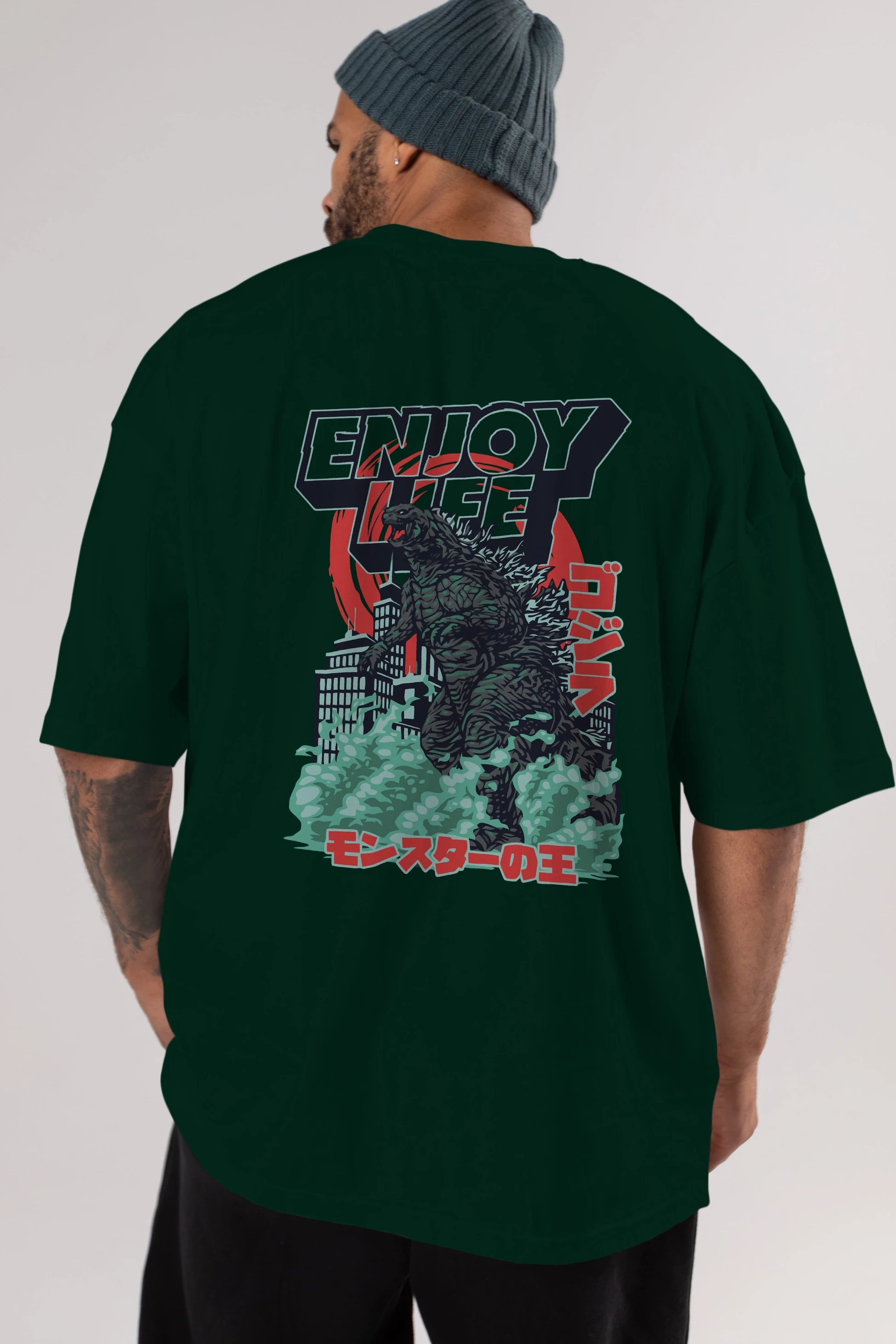 Godzilla Arka Baskılı Oversize t-shirt Erkek Kadın Unisex %100 Pamuk Bisiklet Yaka tişort
