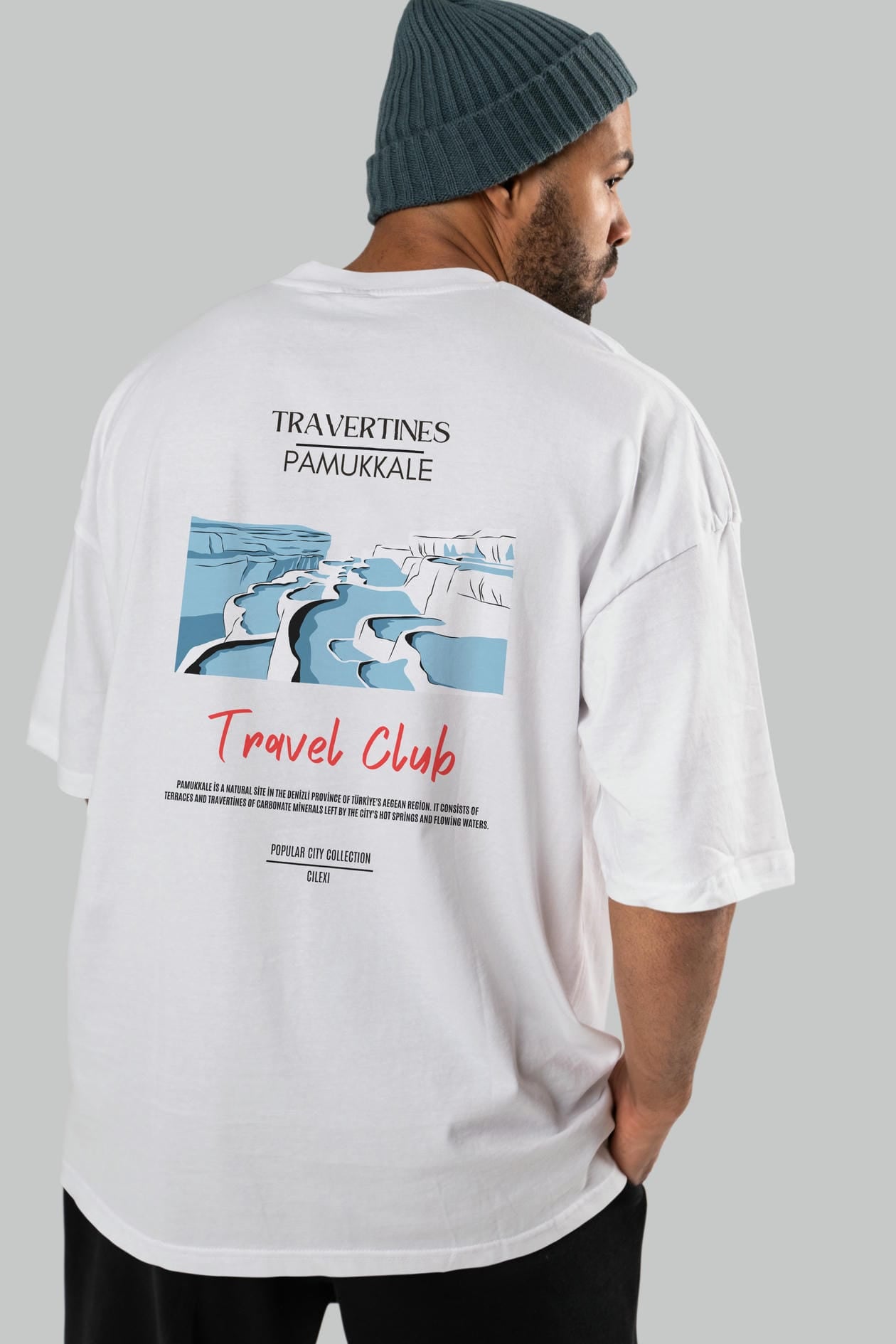 Travertines Pamukkale Arka Baskılı Oversize t-shirt Erkek Kadın Pamuk Bisiklet Yaka tişort