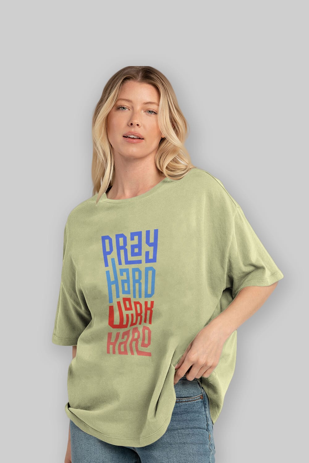 Pray Hard Work Hard Yazılı Ön Baskılı Oversize t-shirt Erkek Kadın Unisex