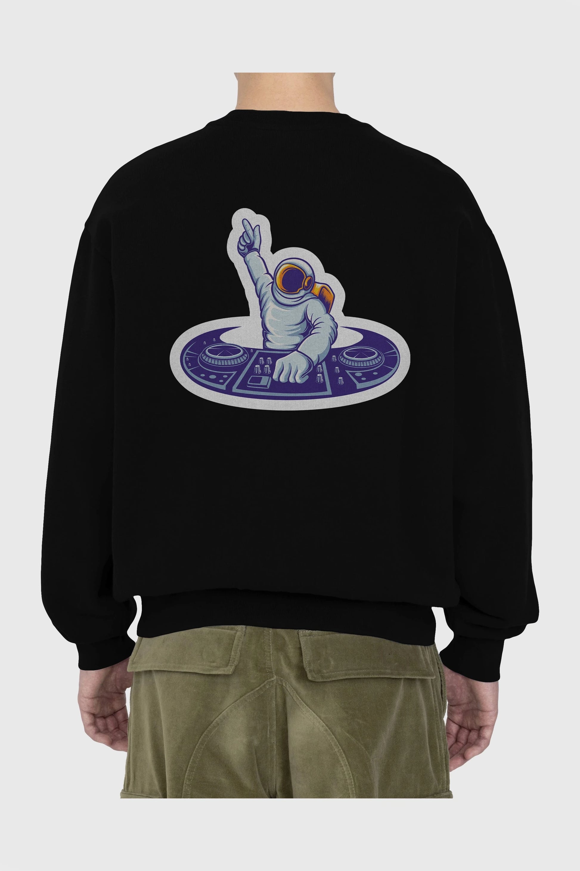 Astronaut Disk Jockey Party Sticker Arka Baskılı Oversize Sweatshirt Erkek Kadın Unisex