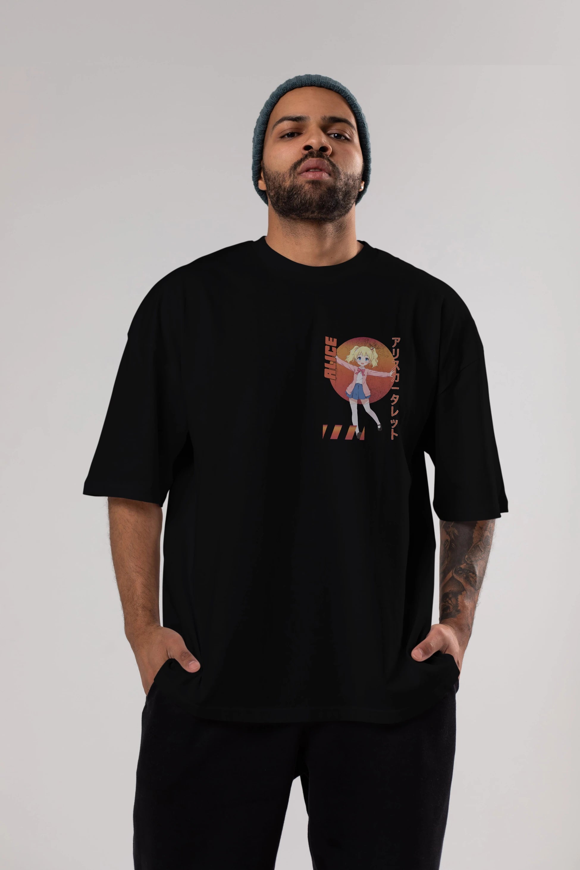 Alice Cartelet 15 Ön Sol Baskılı Oversize t-shirt Erkek Kadın Unisex %100 Pamuk Bisiklet Yaka tişort