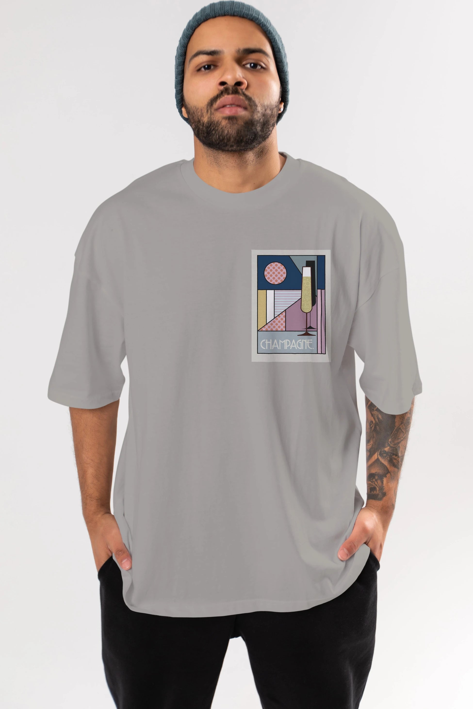 Champagne Ön Sol Baskılı Oversize t-shirt Erkek Kadın Unisex %100 Pamuk Bisiklet Yaka tişort
