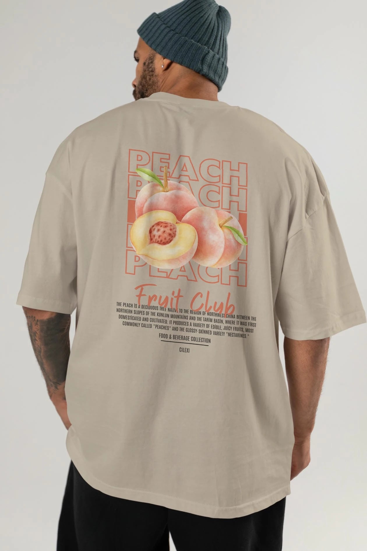 Peach Arka Baskılı Oversize t-shirt Erkek Kadın Pamuk Bisiklet Yaka tişort