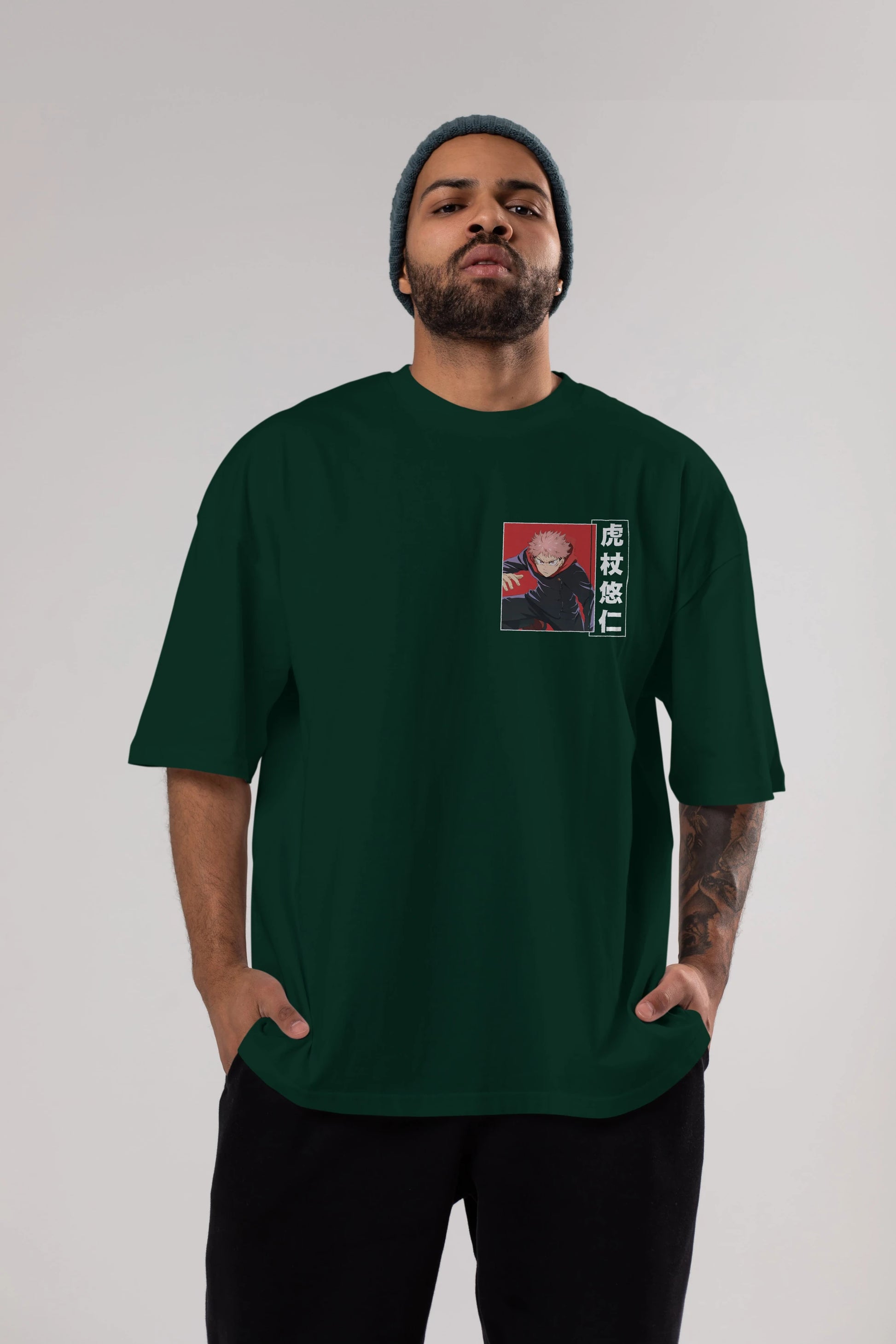 Yuuji Itadori 2 Ön Sol Baskılı Oversize t-shirt Erkek Kadın Unisex %100 Pamuk Bisiklet Yaka tişort