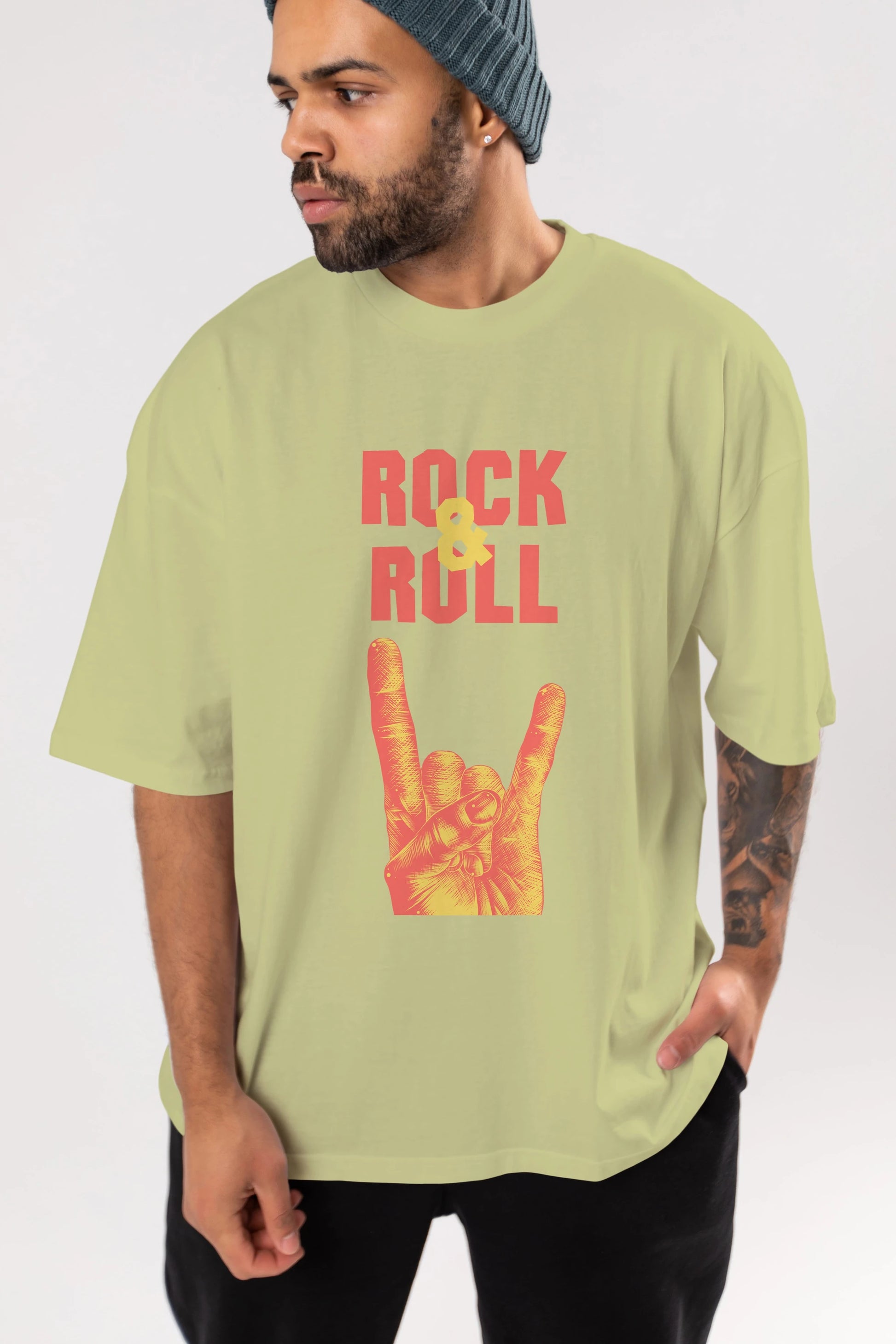 Rock & Roll Yazılı Ön Baskılı Oversize t-shirt Erkek Kadın Unisex