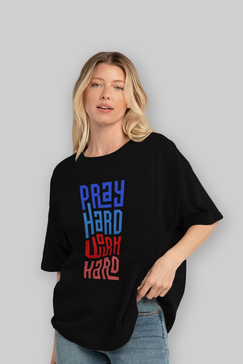 Pray Hard Work Hard Yazılı Ön Baskılı Oversize t-shirt Erkek Kadın Unisex