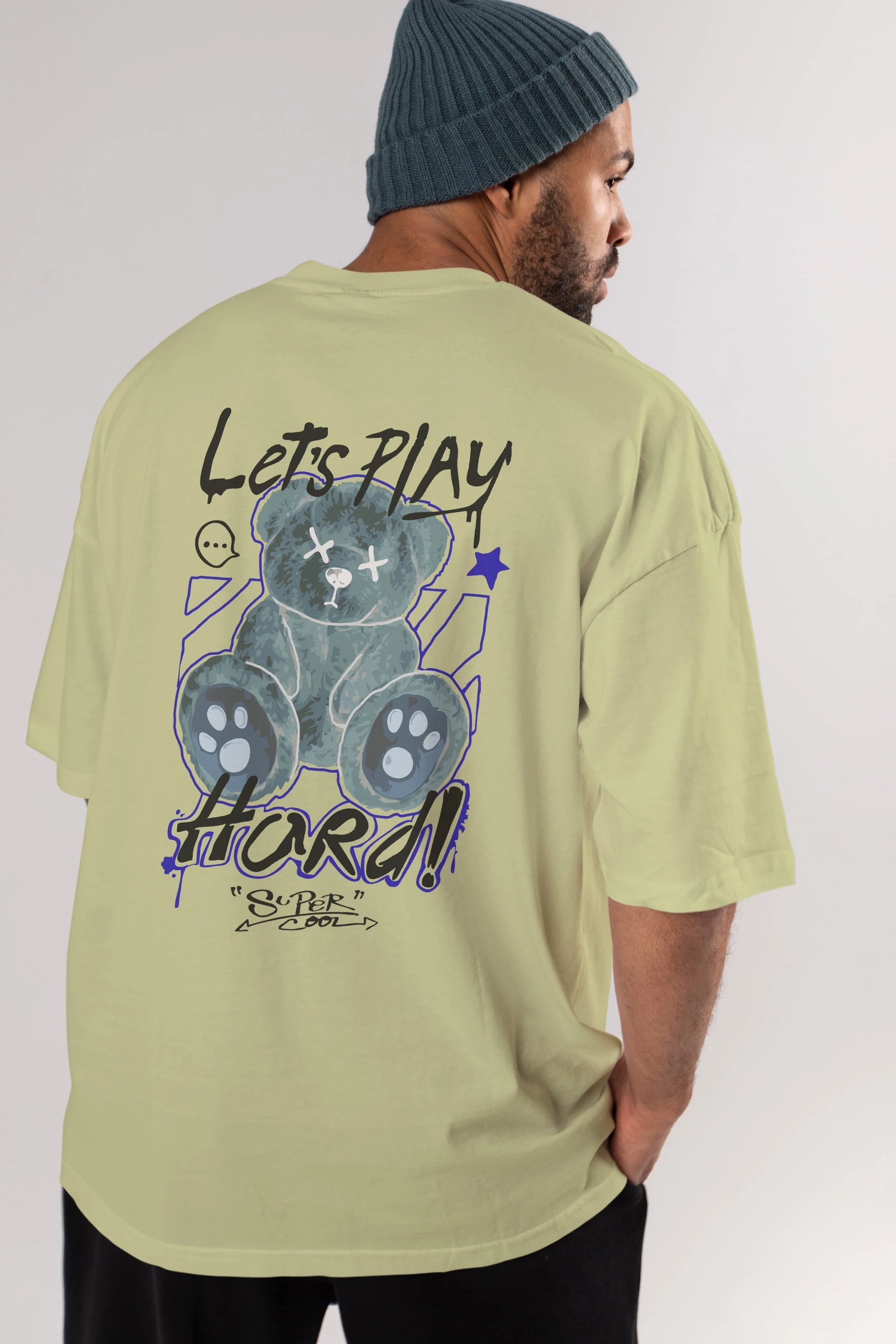 Lets Play Hard Bear Arka Baskılı Oversize t-shirt Erkek Kadın Unisex