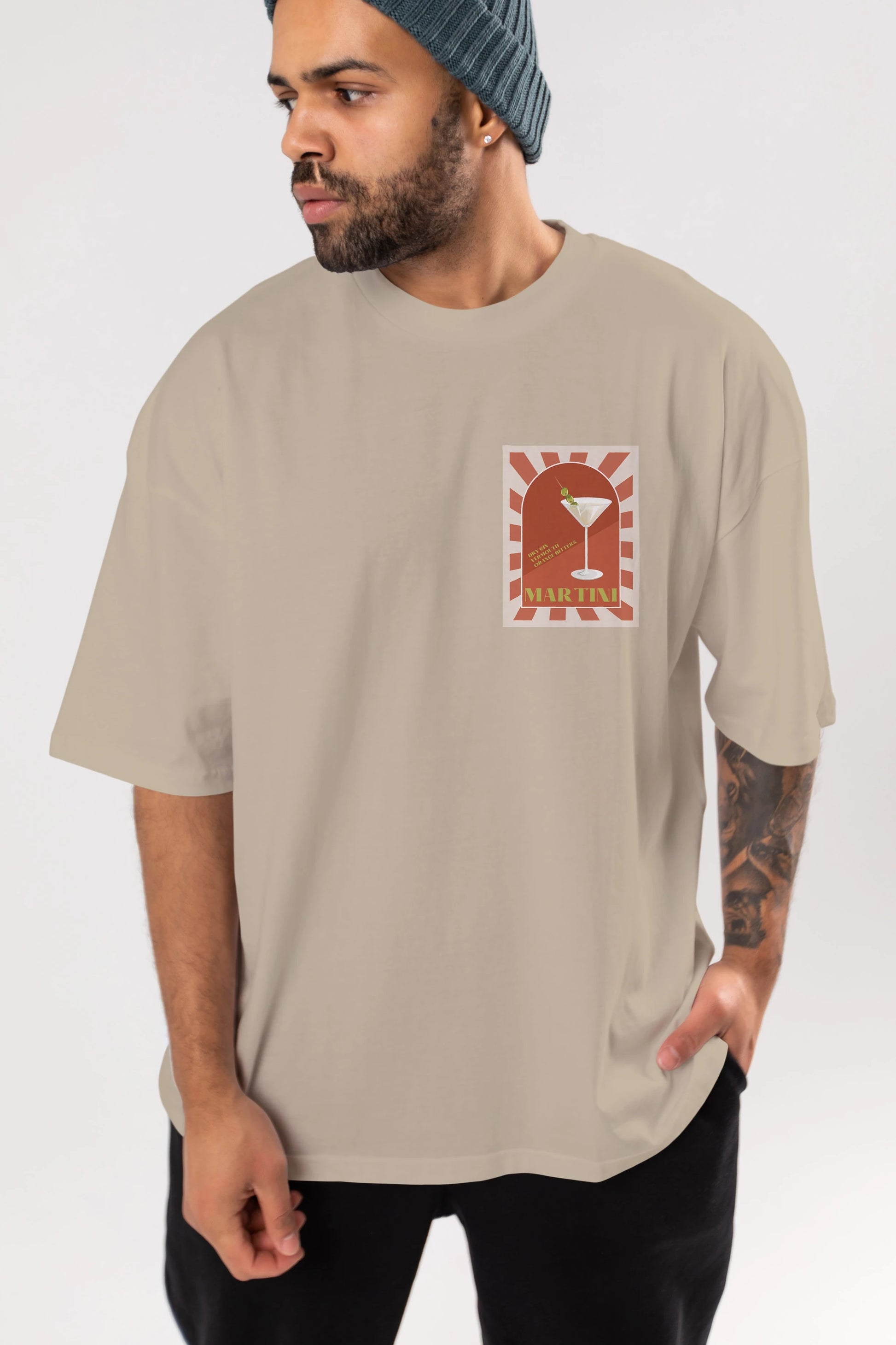 Martini 2 Ön Sol Baskılı Oversize t-shirt Erkek Kadın Unisex %100 Pamuk Bisiklet Yaka tişort