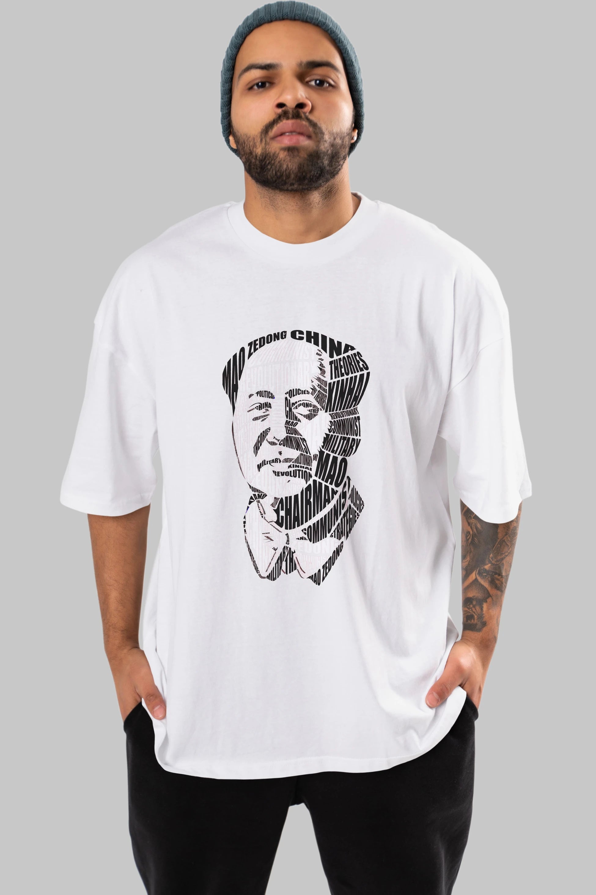 Mao Zedong Calligram Ön Baskılı Oversize t-shirt %100 pamuk Erkek Kadın Unisex