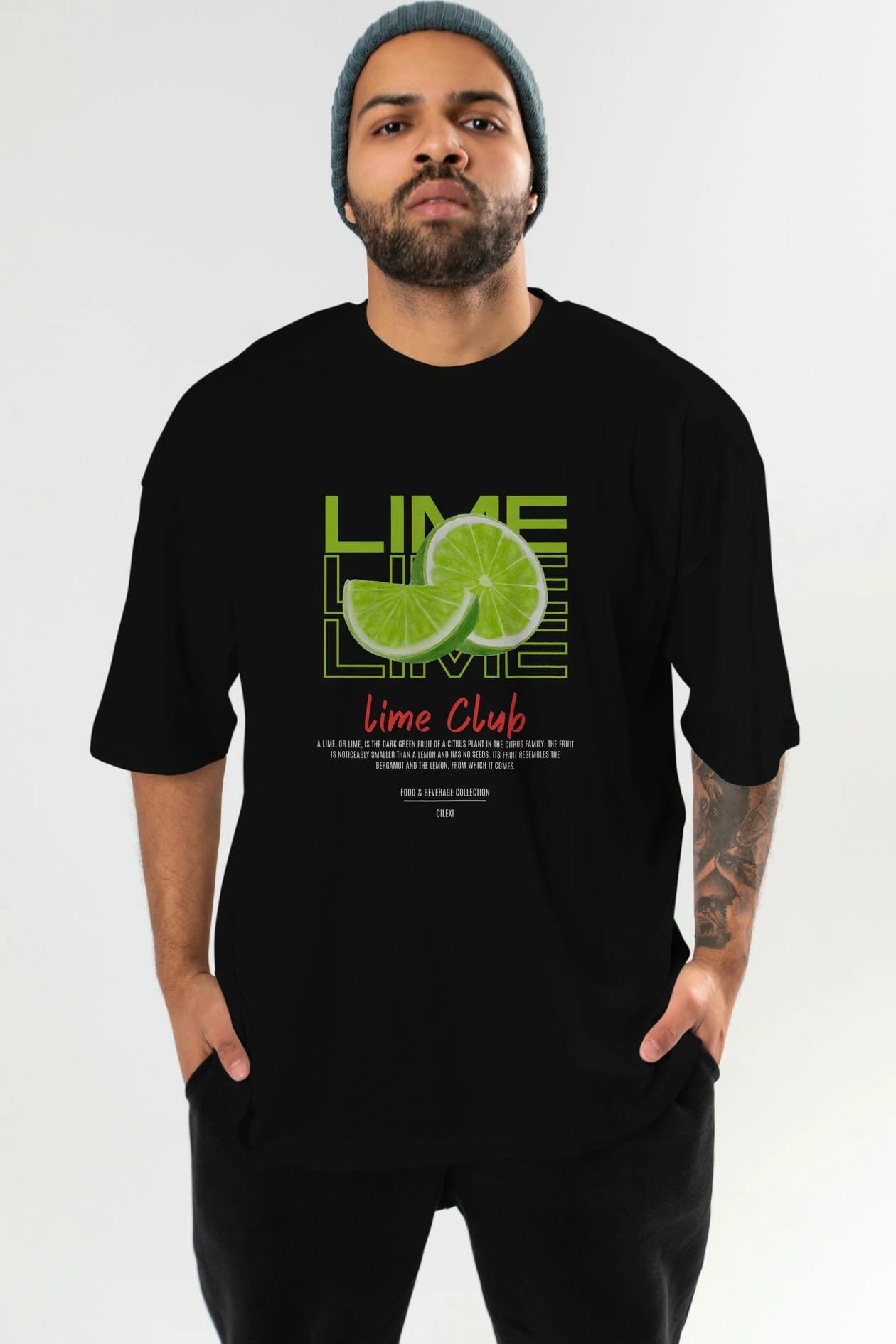 Lime Kokteyl Serisi ön Baskılı Oversize t-shirt Erkek Kadın %100 Pamuk Bisiklet Yaka tişort