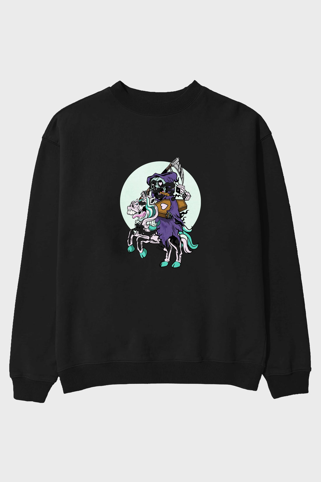 Grim Reaper Riding Unicorn Ön Baskılı Oversize Sweatshirt Erkek Kadın Unisex