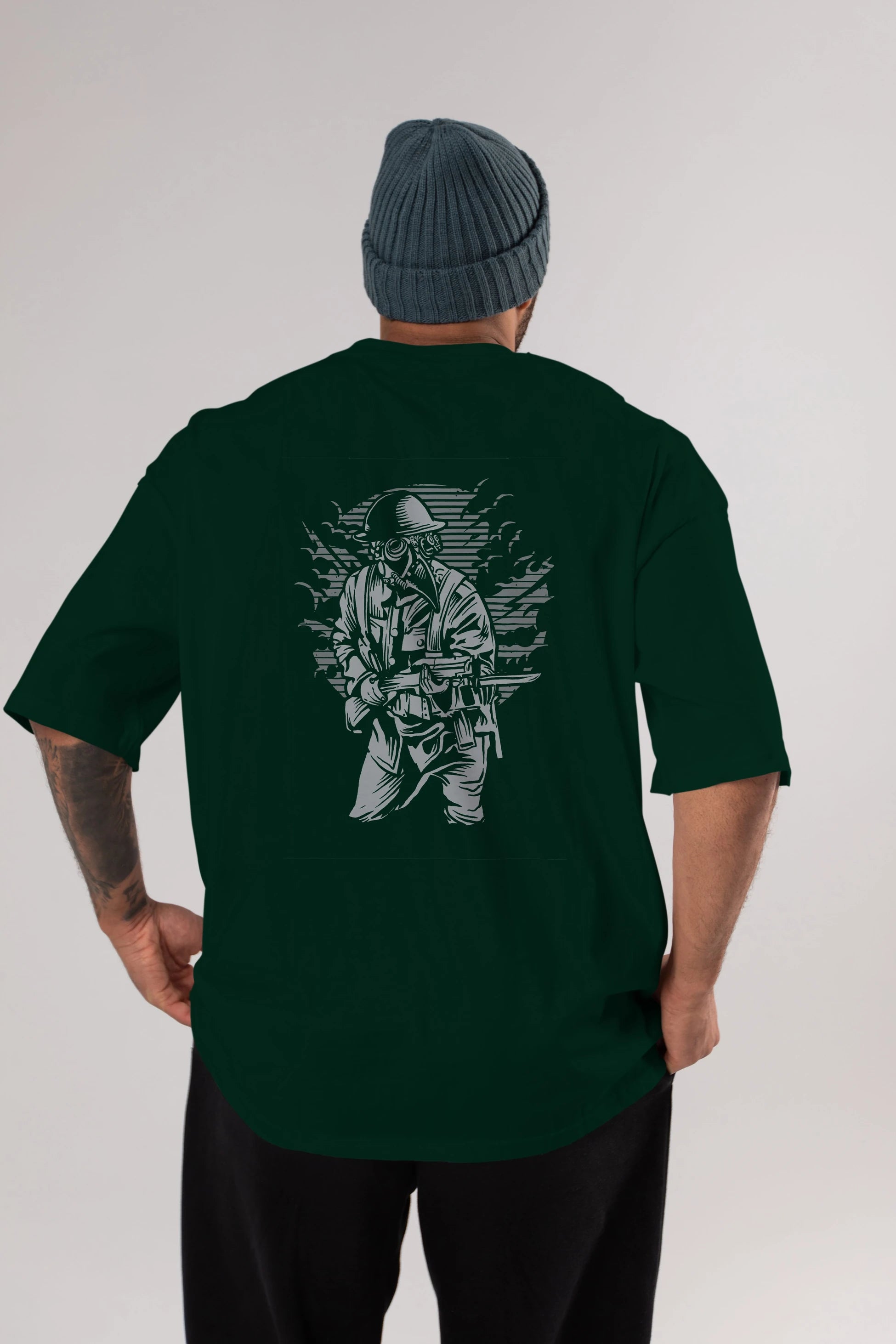 Steampunk Style Soldier Arka Baskılı Oversize t-shirt Erkek Kadın Unisex %100 Pamuk