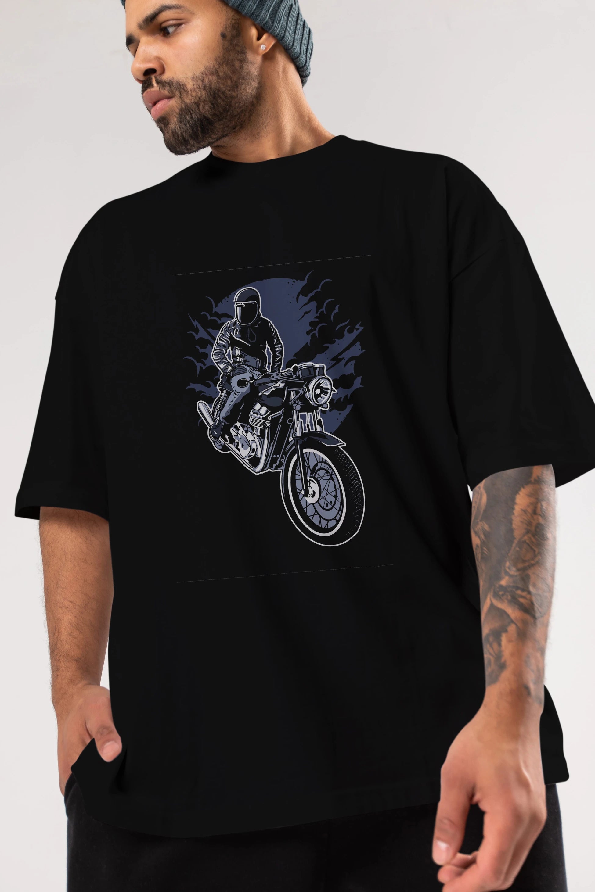 Night Rider Ön Baskılı Oversize t-shirt Erkek Kadın Unisex %100 Pamuk tişort