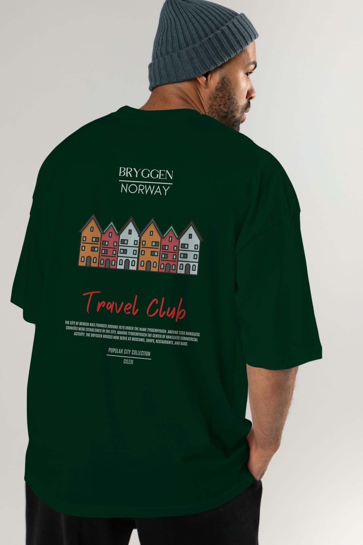 Bryggen Norway Arka Baskılı Oversize t-shirt Erkek Kadın Pamuk Bisiklet Yaka tişort