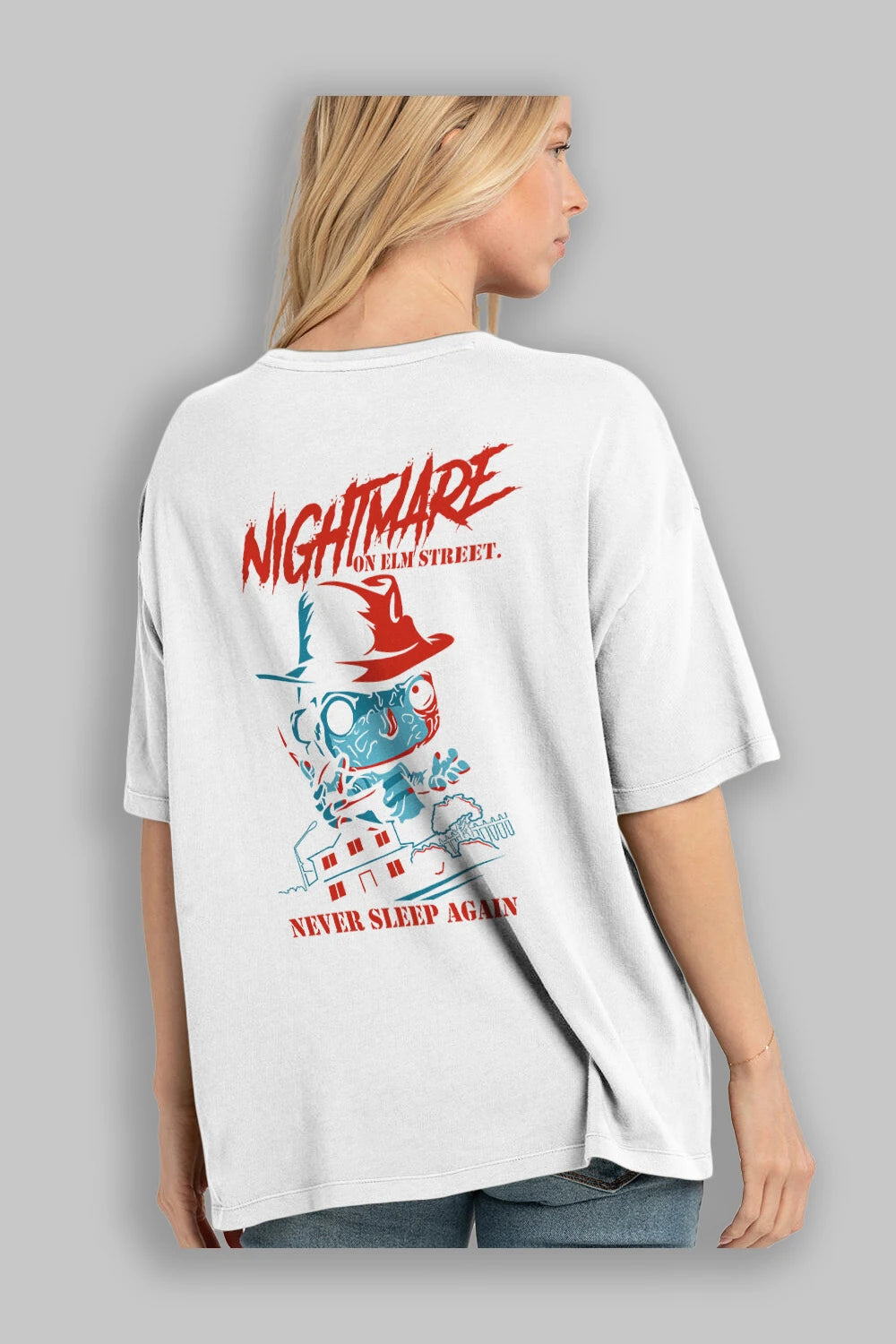 Nightmare Elm Sokağı Arka Baskılı Oversize t-shirt Erkek Kadın Unisex %100 Pamuk Bisiklet Yaka tişort