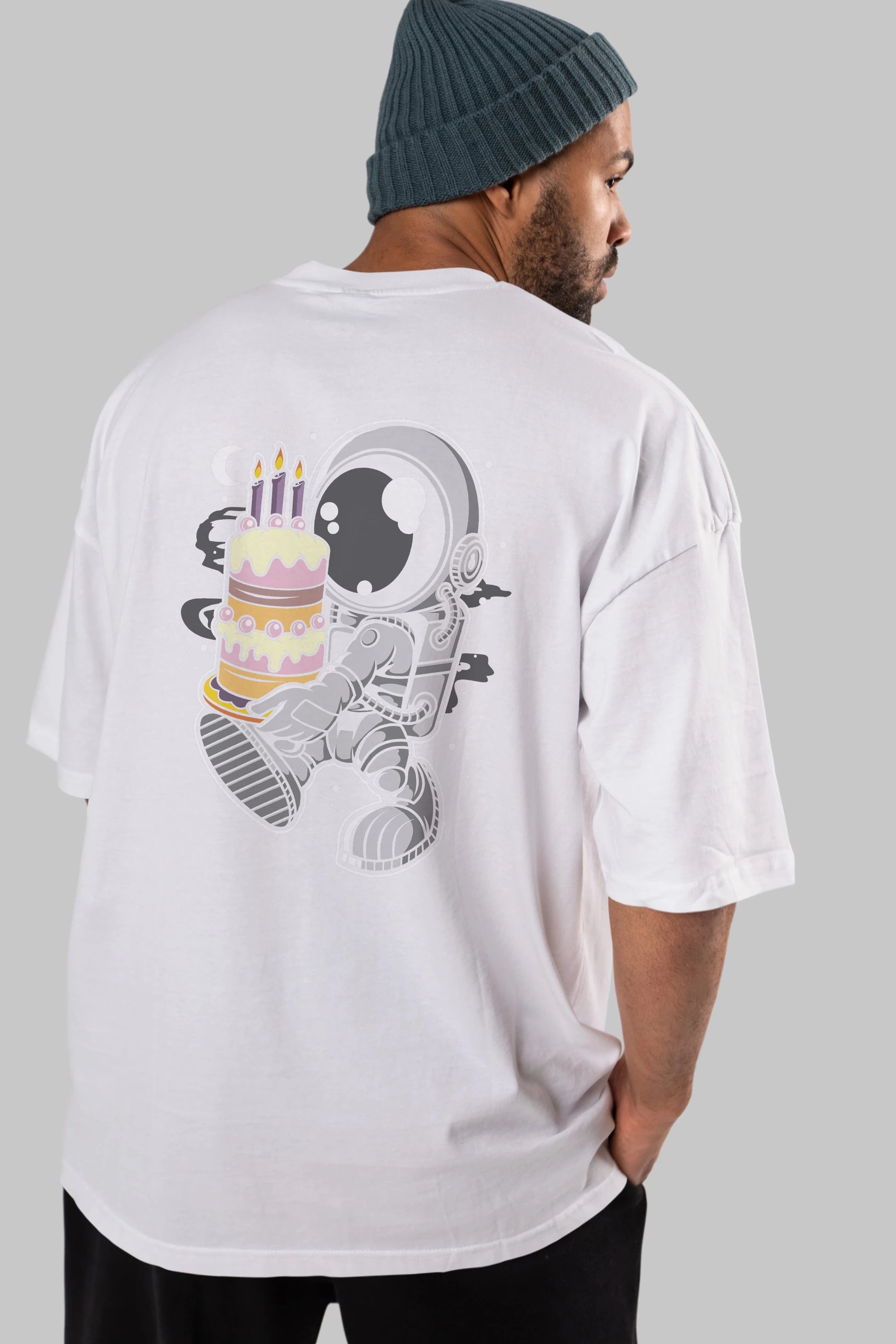 Astronaut Birthday Cake Arka Baskılı Oversize t-shirt Erkek Kadın Unisex
