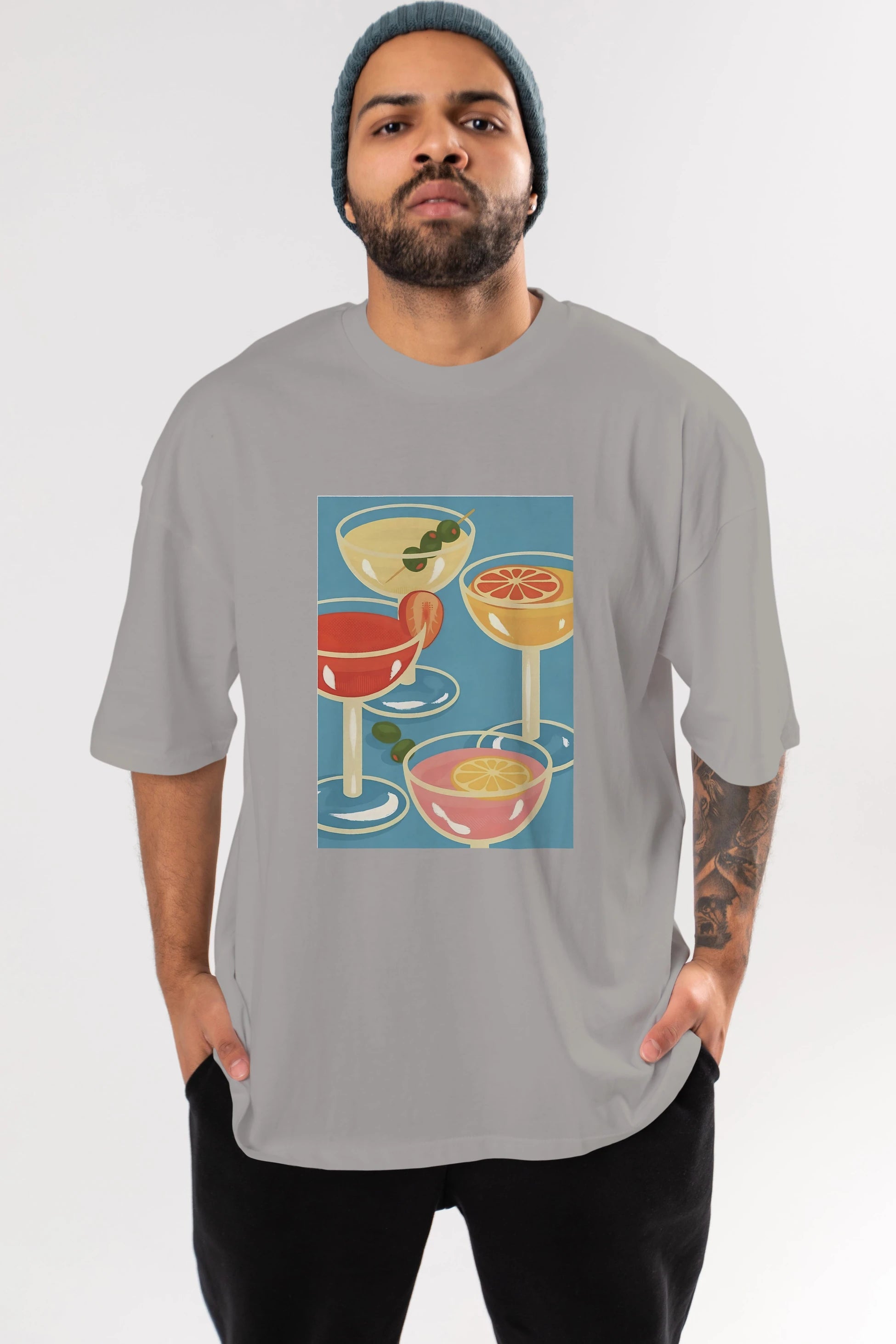 Cocktails Ön Baskılı Oversize t-shirt Erkek Kadın Unisex %100 Pamuk Bisiklet Yaka tişort