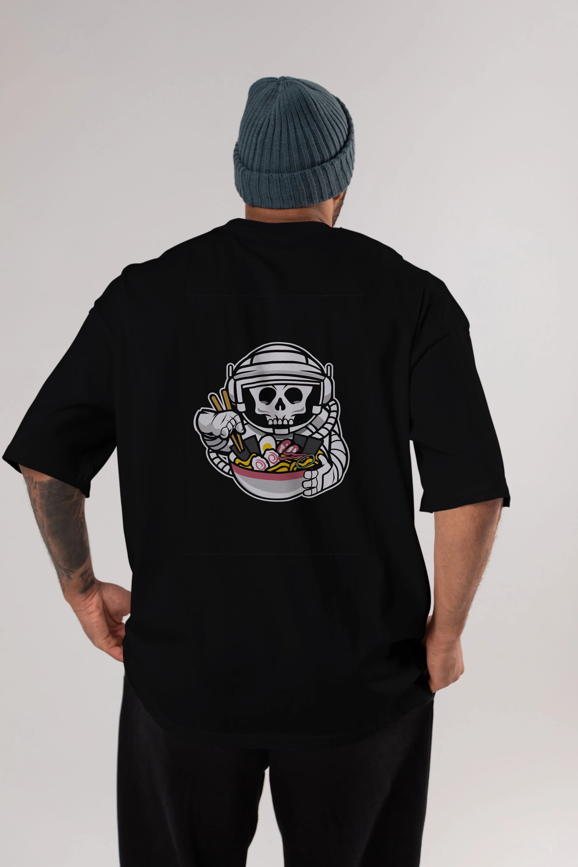 Astronaut Ramen Arka Baskılı Oversize t-shirt Erkek Kadın Unisex %100 Pamuk tişort