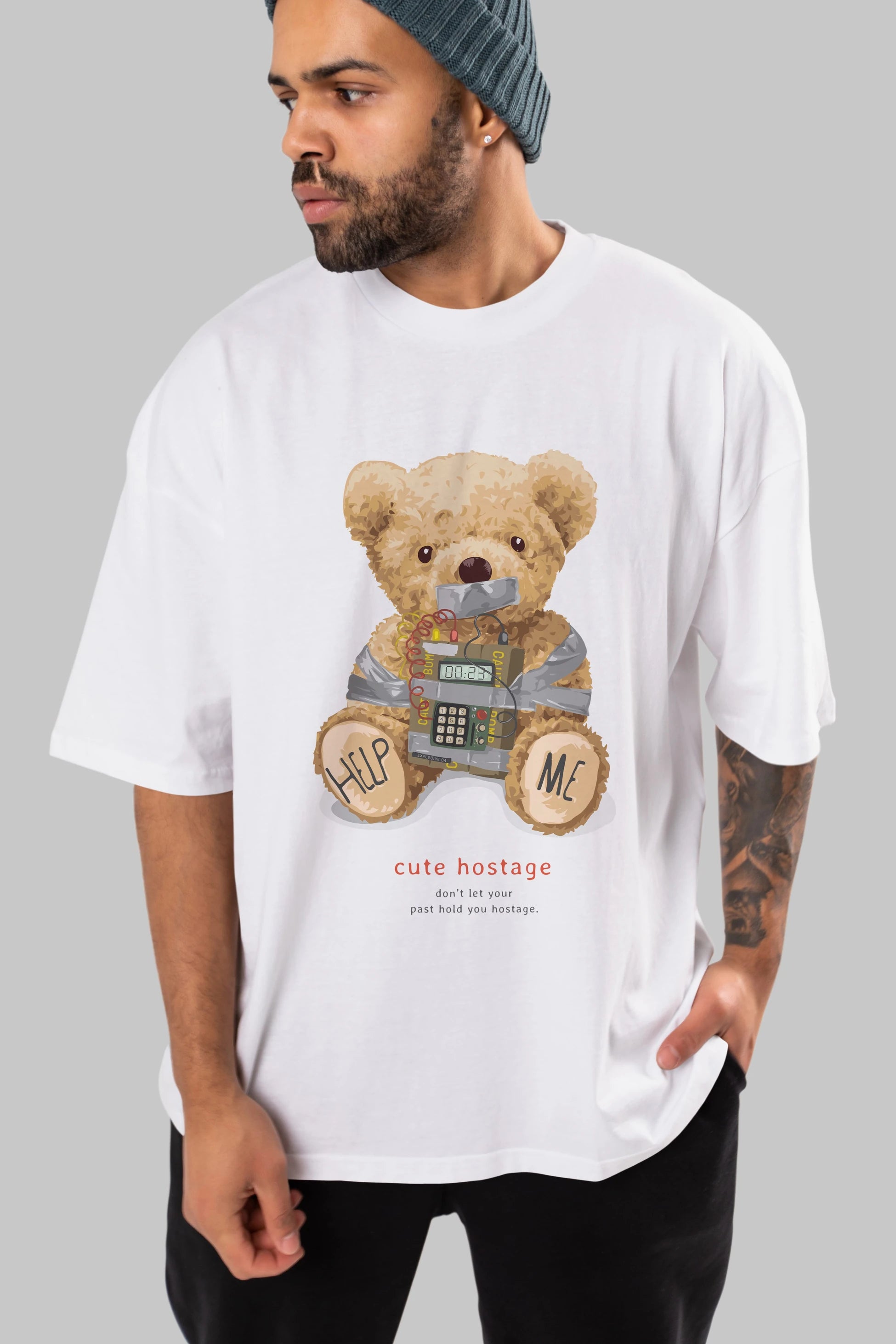 Teddy Bear Help Me Ön Baskılı Oversize t-shirt Erkek Kadın Unisex %100 Pamuk