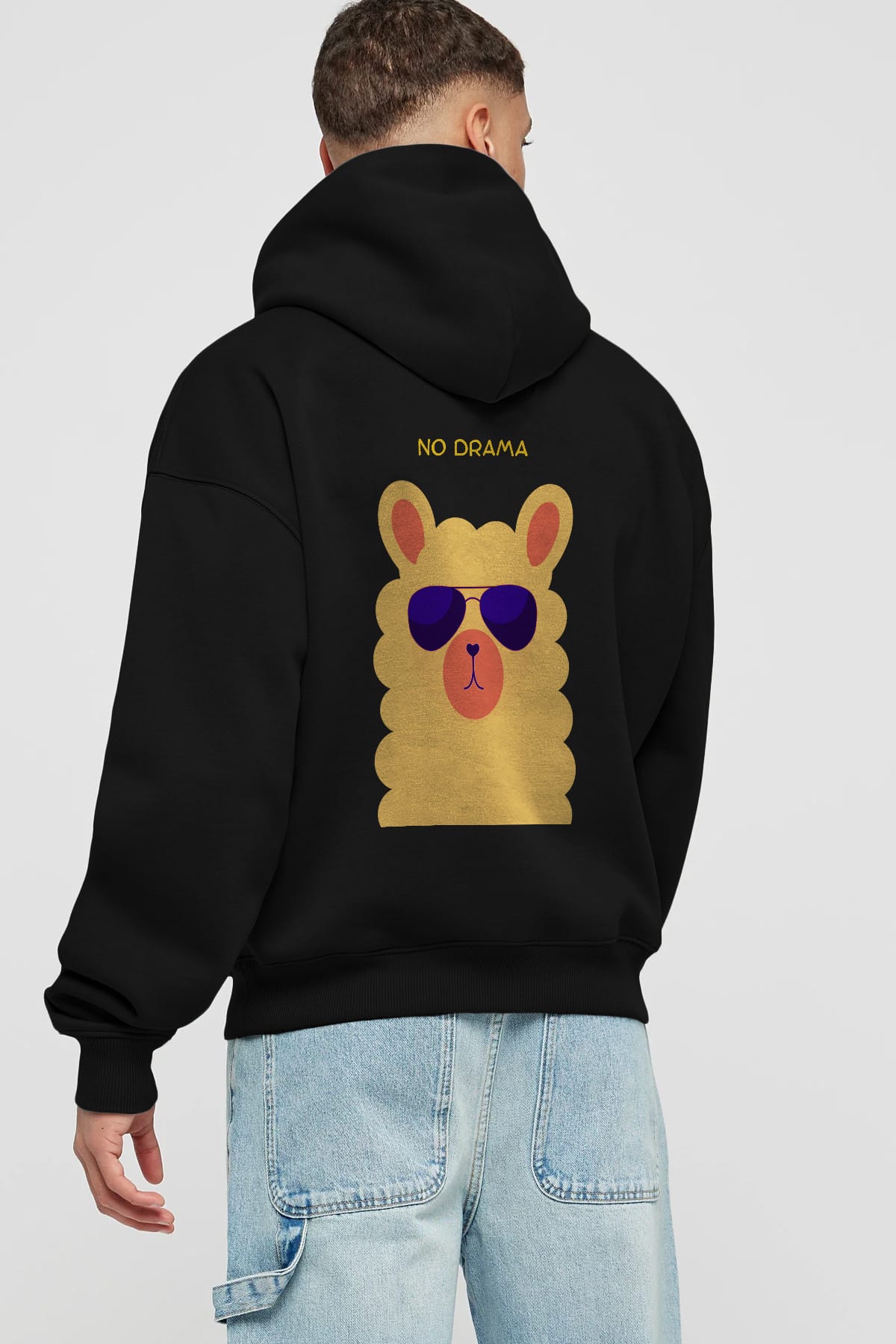 No Drama Yazılı Lama Arka Baskılı Oversize Hoodie Kapüşonlu Sweatshirt Erkek Kadın Unisex