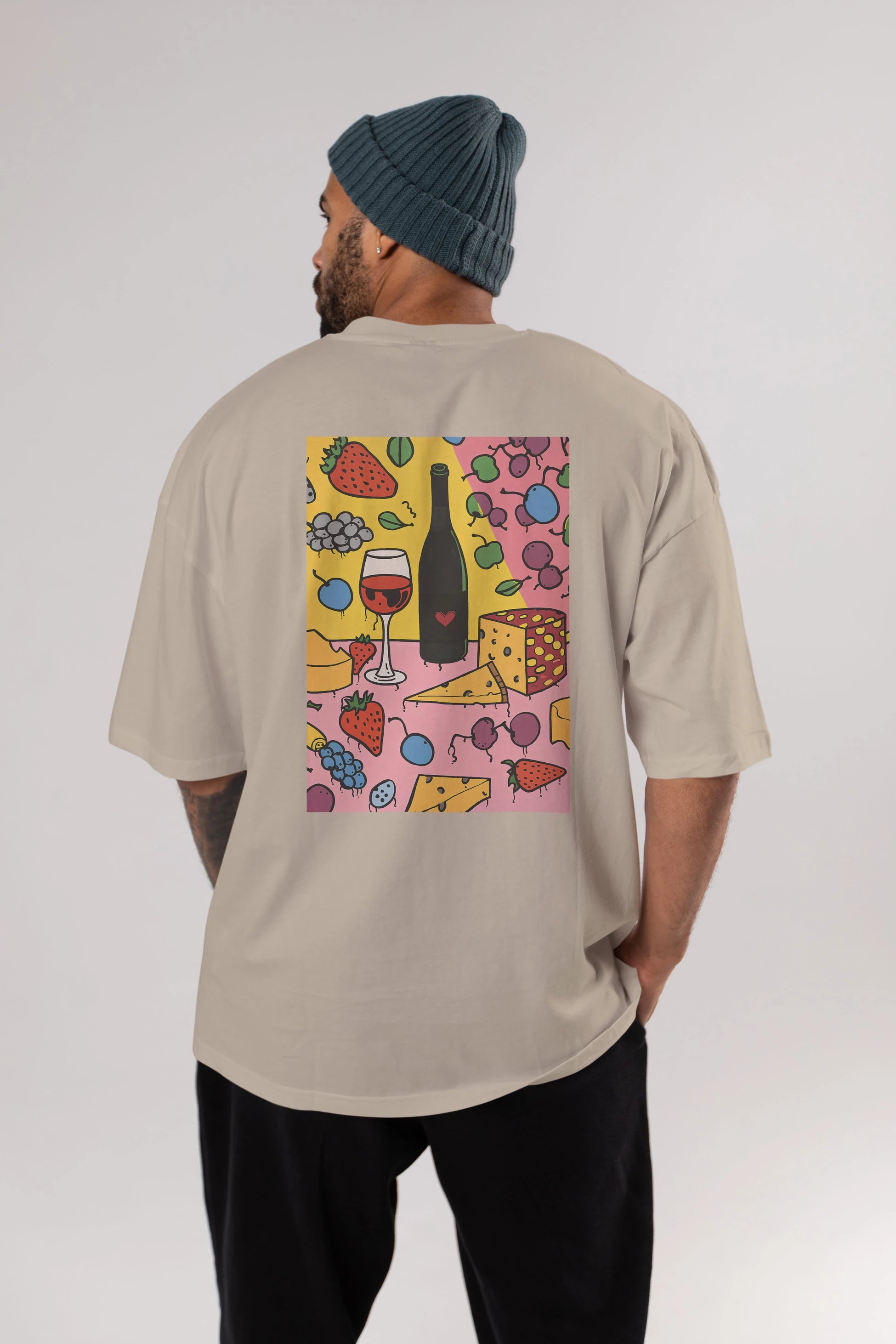 Wine Cheese Fruits Arka Baskılı Oversize t-shirt Erkek Kadın Unisex %100 Pamuk Bisiklet Yaka tişort
