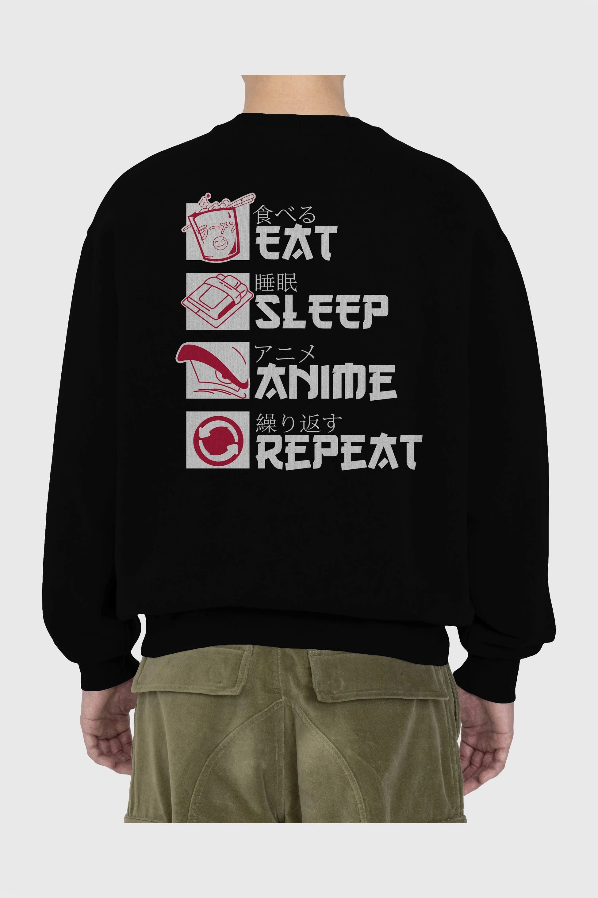 Eat, Sleep, Anime, Repeat Anime Arka Baskılı Oversize Sweatshirt Erkek Kadın Unisex