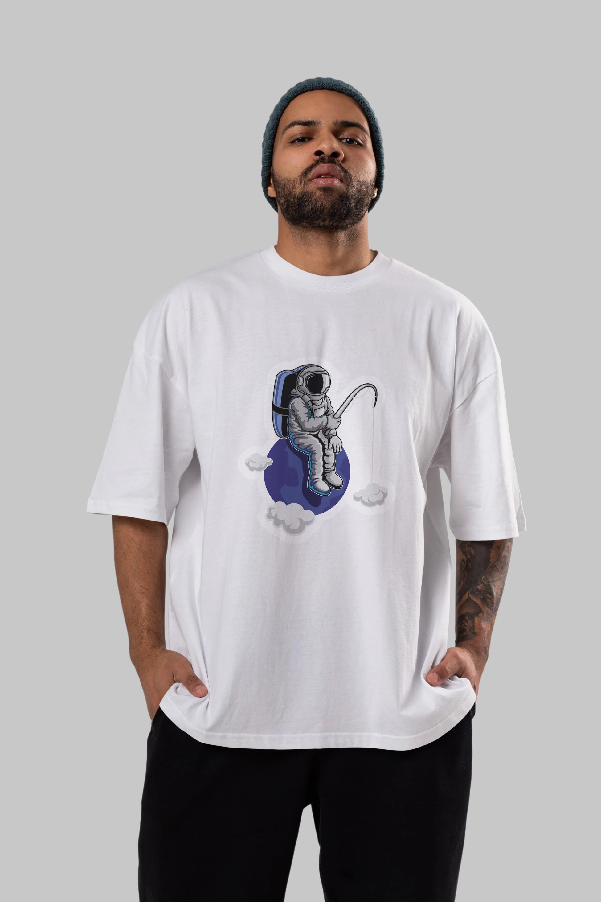 Astronaut Fishing Sticker Ön Baskılı Oversize t-shirt Erkek Kadın Unisex