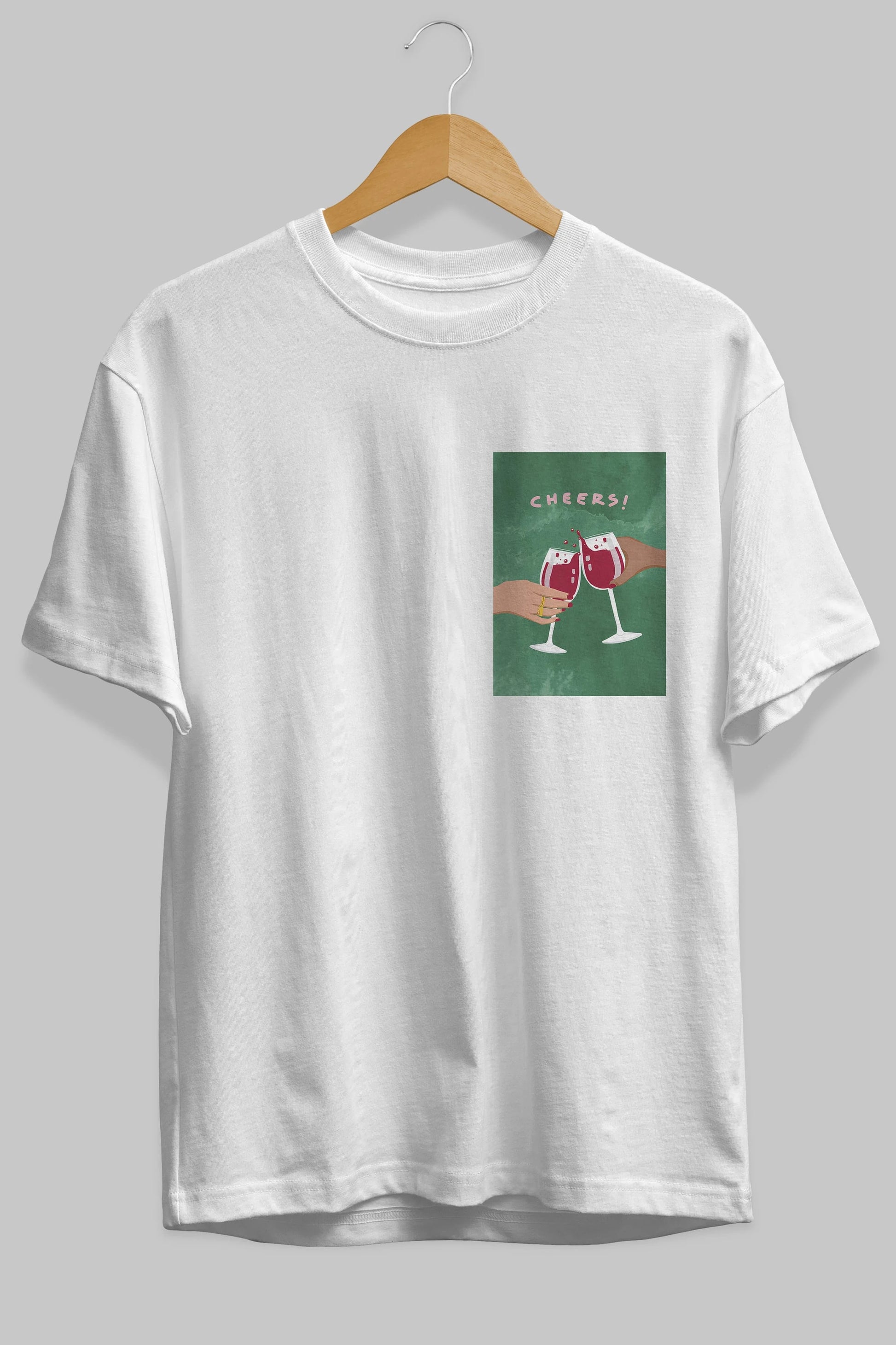 Cheers Ön Sol Baskılı Oversize t-shirt Erkek Kadın Unisex %100 Pamuk Bisiklet Yaka tişort