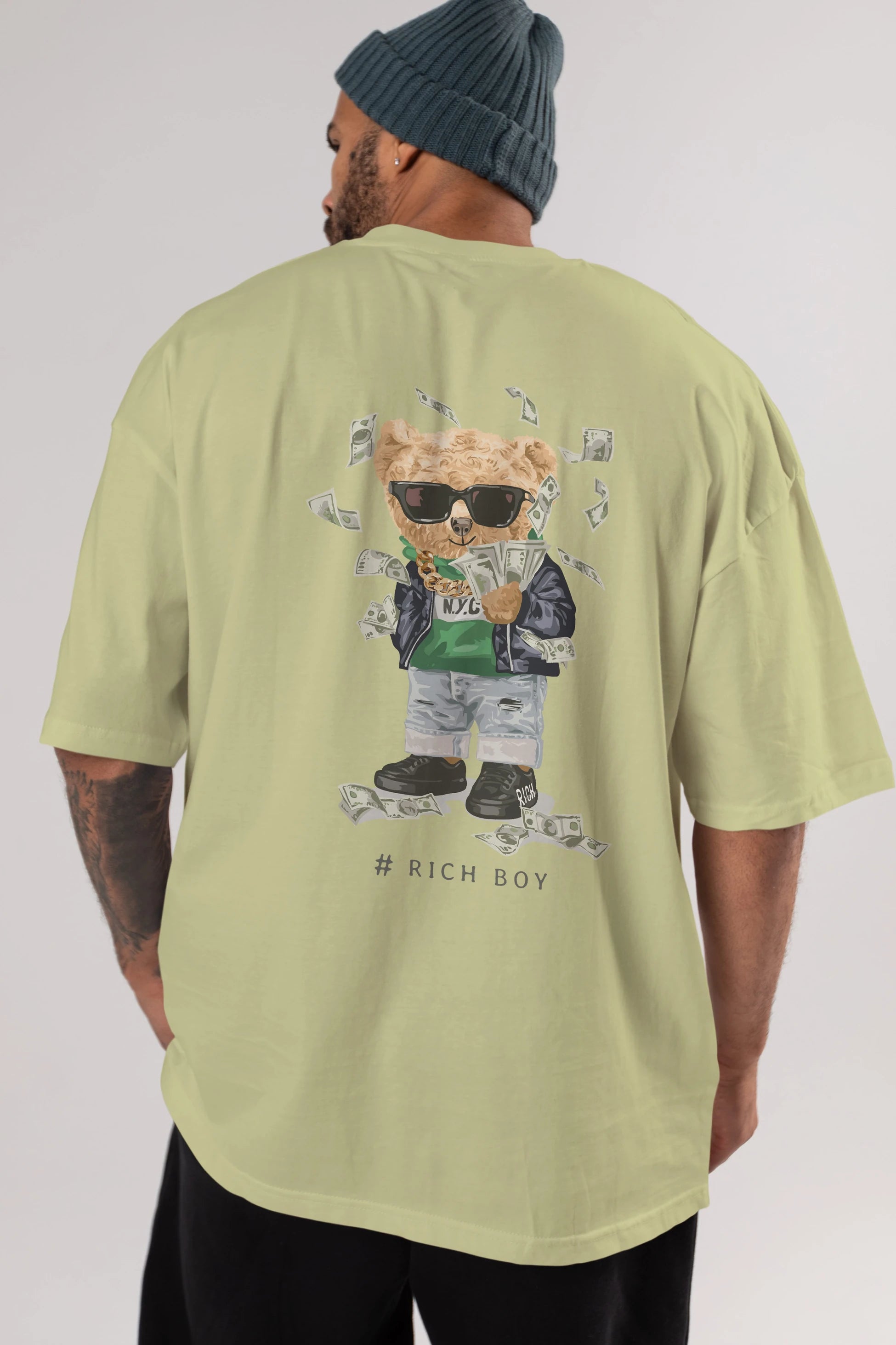 Teddy Bear Rich Boy Arka Baskılı Oversize t-shirt Erkek Kadın Unisex %100 Pamuk
