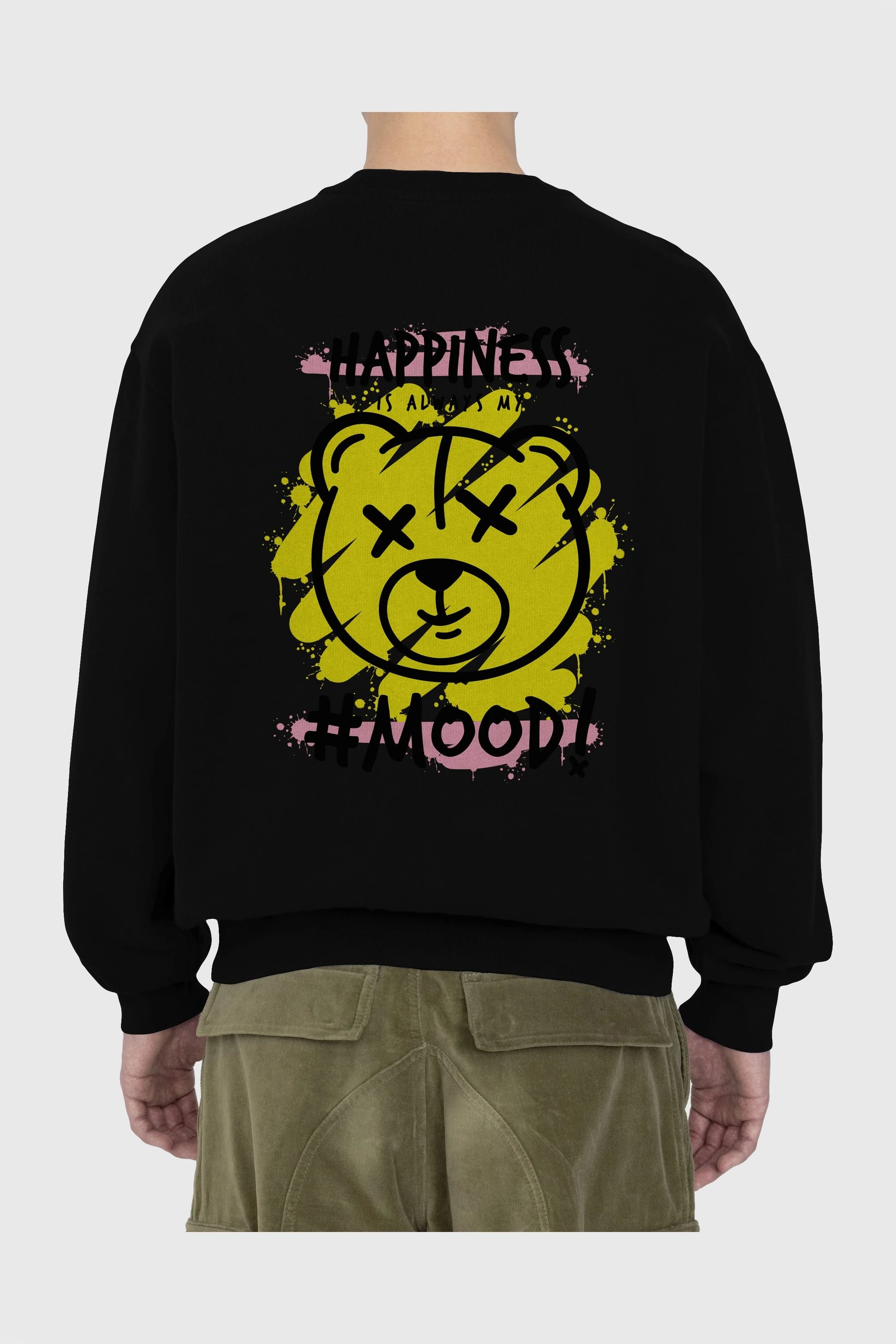 Happiness Mood Bear Arka Baskılı Oversize Sweatshirt Erkek Kadın Unisex