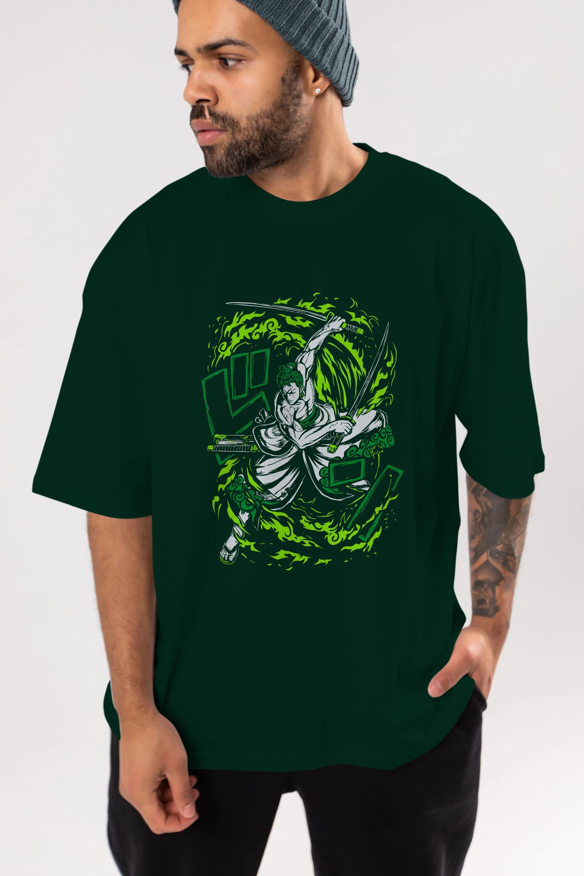 ZORO-ONE PIECE (2) Anime Ön Baskılı Oversize t-shirt %100 pamuk Erkek Kadın Unisex