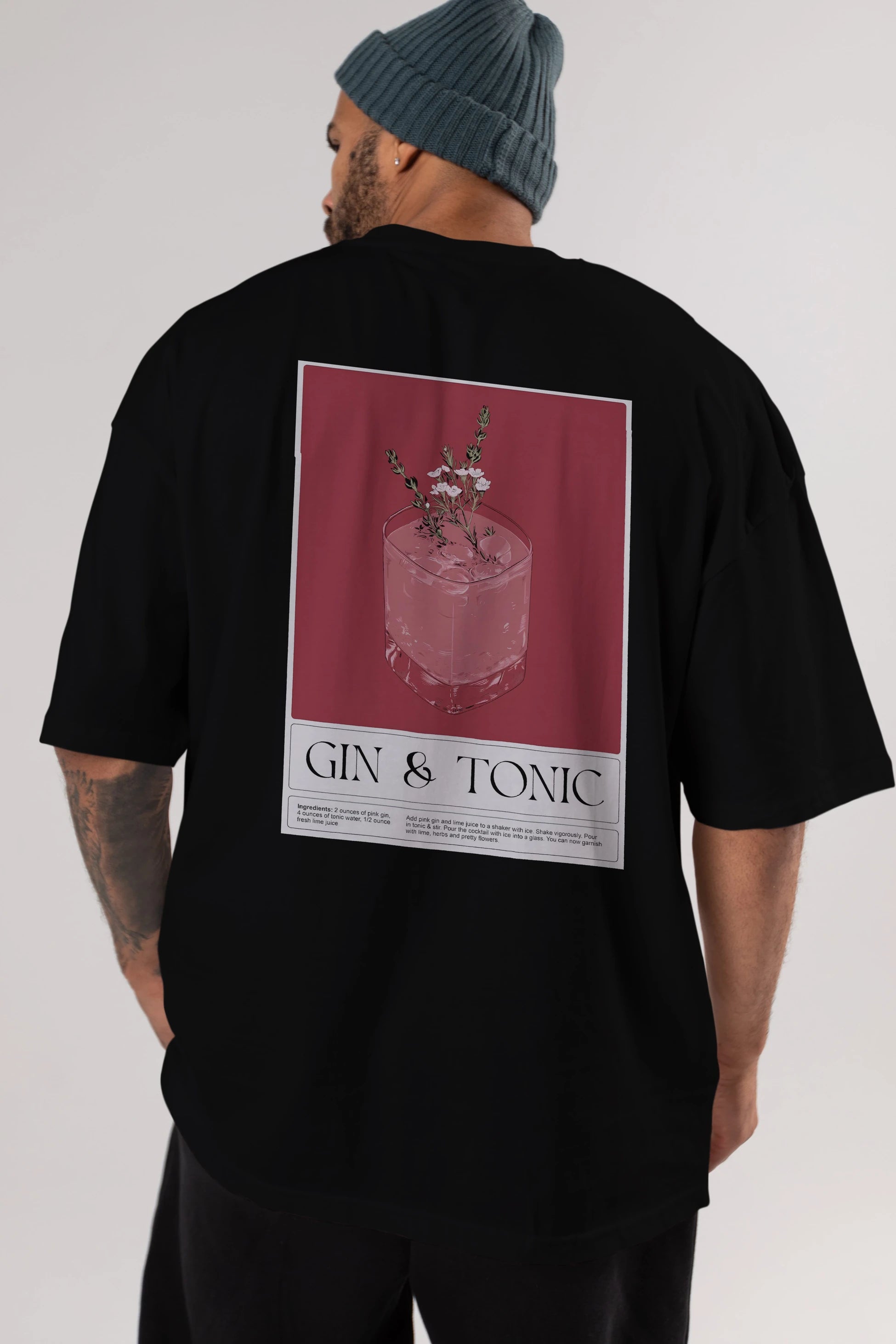 Gin Tonic 4 Arka Baskılı Oversize t-shirt Erkek Kadın Unisex %100 Pamuk Bisiklet Yaka tişort