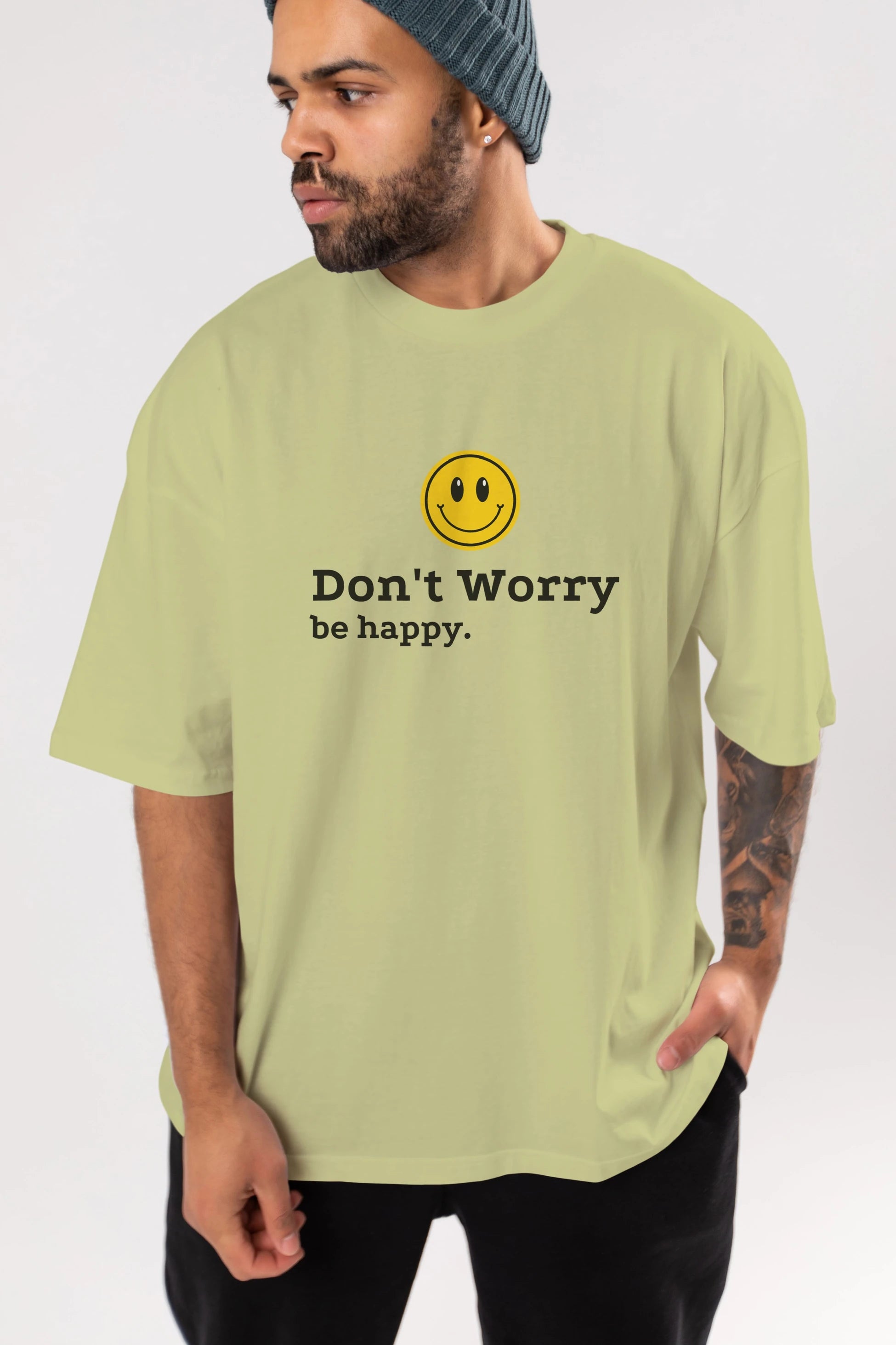 Don't Worry Be Happy Yazılı Ön Baskılı Oversize t-shirt Erkek Kadın Unisex