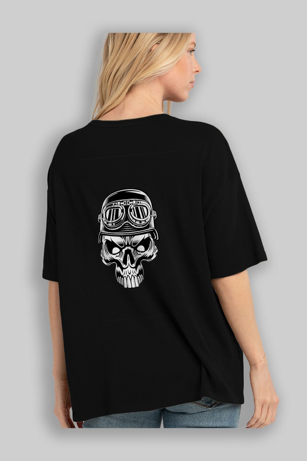 Biker Skull Helmet Arka Baskılı Oversize t-shirt Erkek Kadın Unisex %100 Pamuk tişort