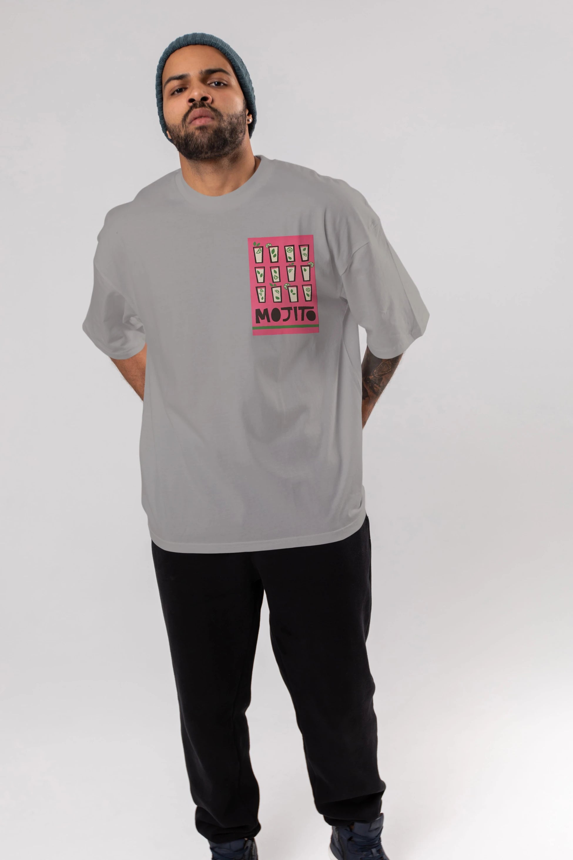 Mojito Ön Sol Baskılı Oversize t-shirt Erkek Kadın Unisex %100 Pamuk Bisiklet Yaka tişort