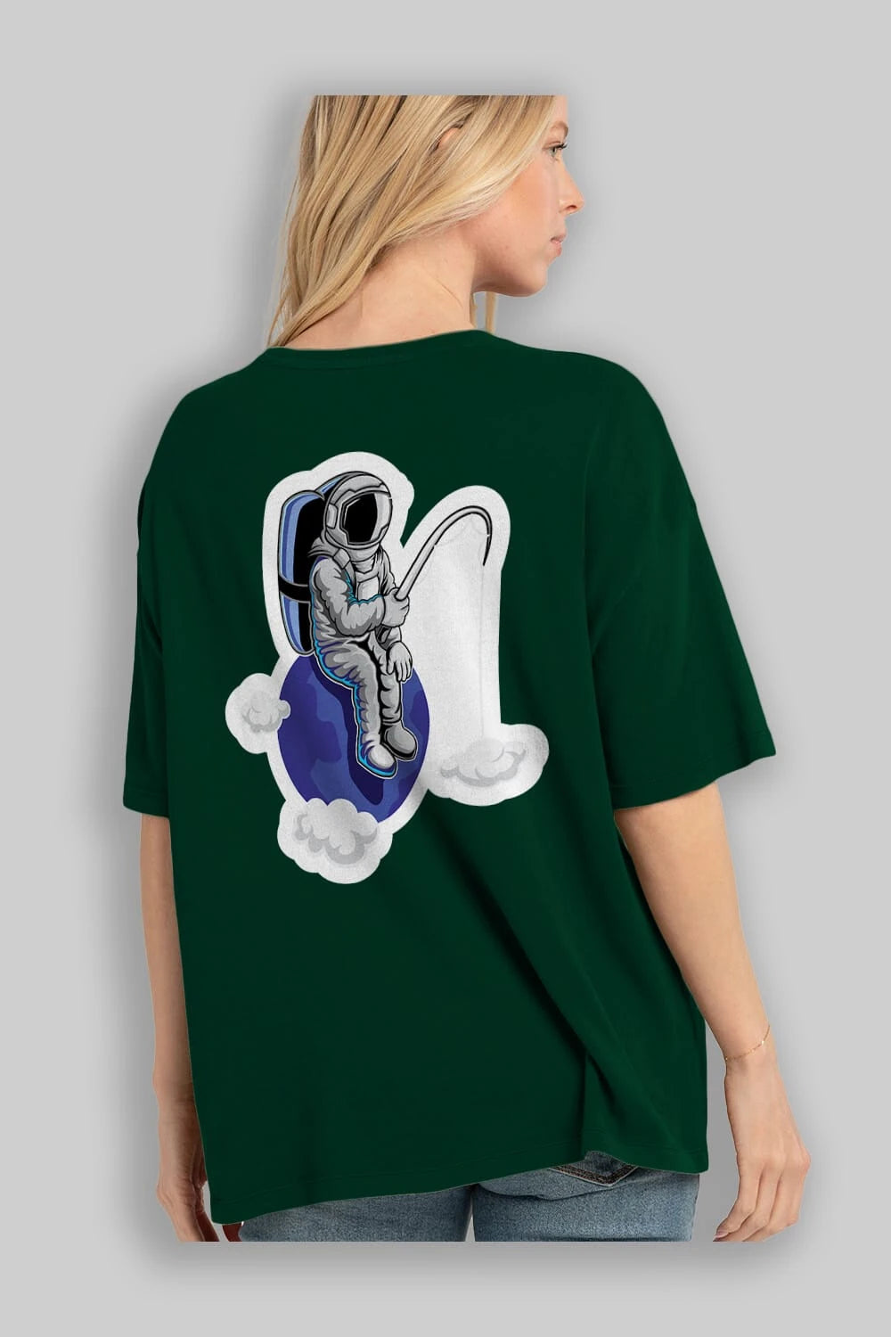 Astronaut Fishing Sticker Arka Baskılı Oversize t-shirt Erkek Kadın Unisex