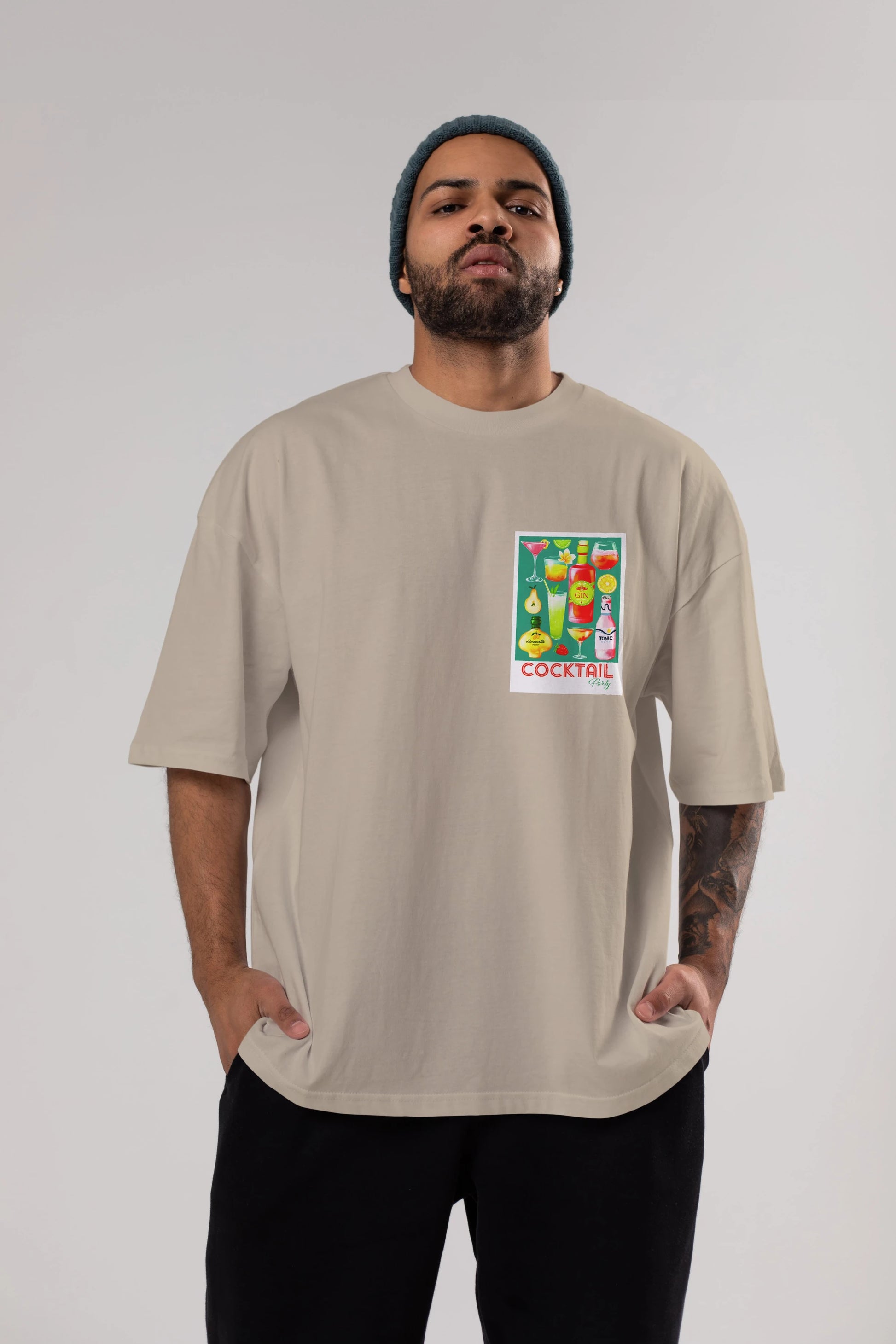 Cocktail Party 2 Ön Sol Baskılı Oversize t-shirt Erkek Kadın Unisex %100 Pamuk Bisiklet Yaka tişort