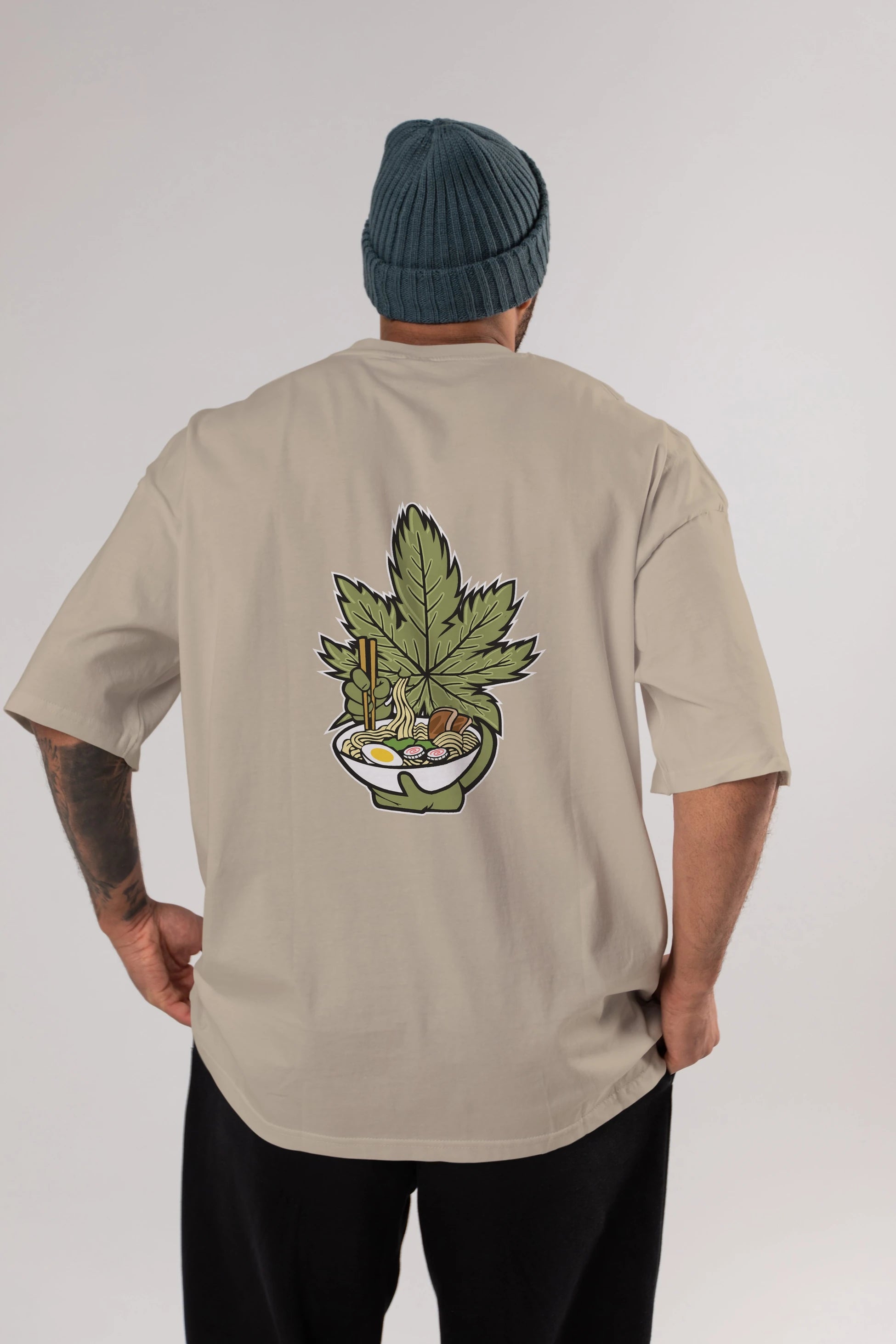 Weed Ramen Arka Baskılı Oversize t-shirt Erkek Kadın Unisex %100 Pamuk tişort