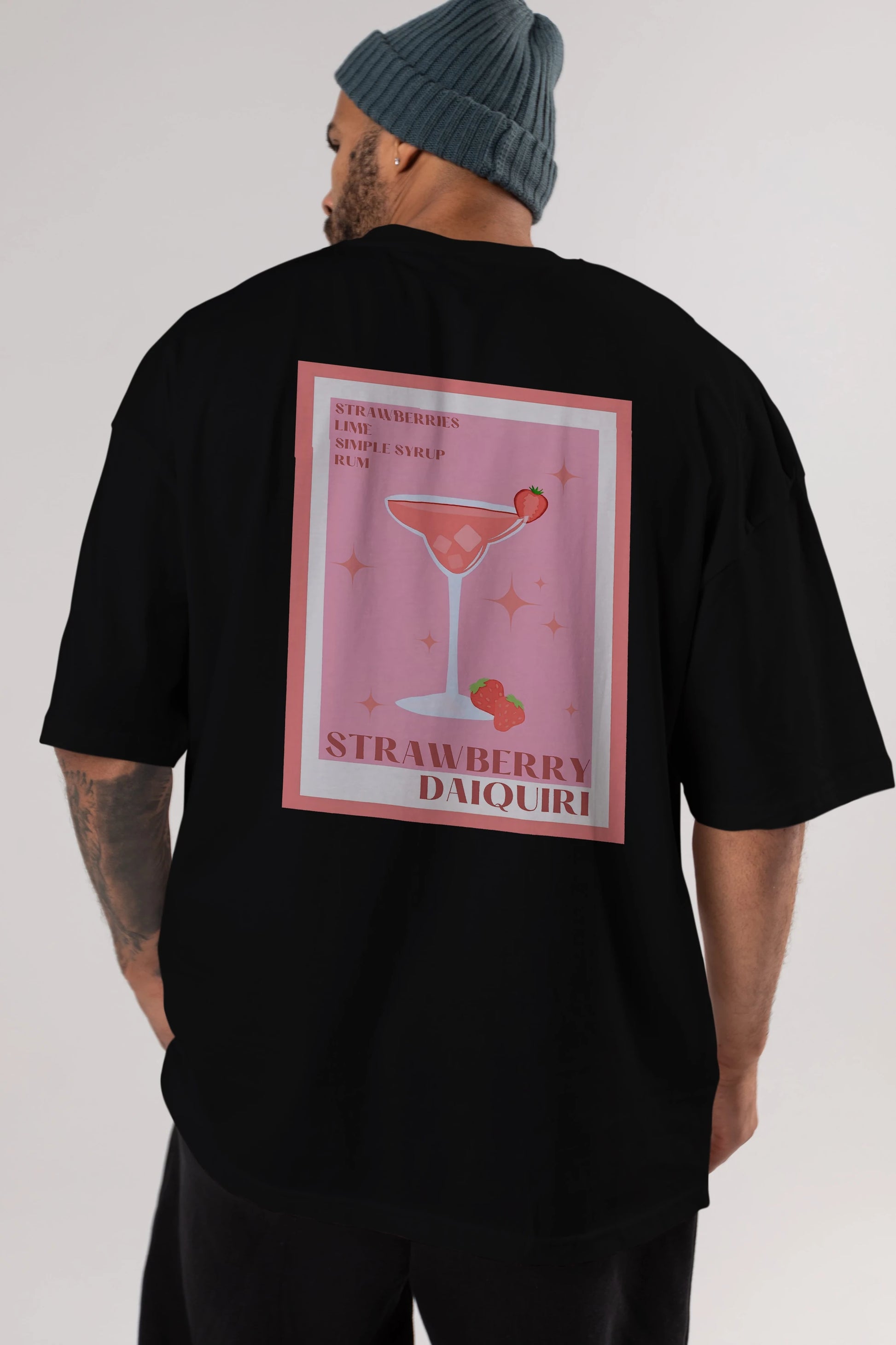 Strawberry Daiquiri Arka Baskılı Oversize t-shirt Erkek Kadın Unisex %100 Pamuk Bisiklet Yaka tişort