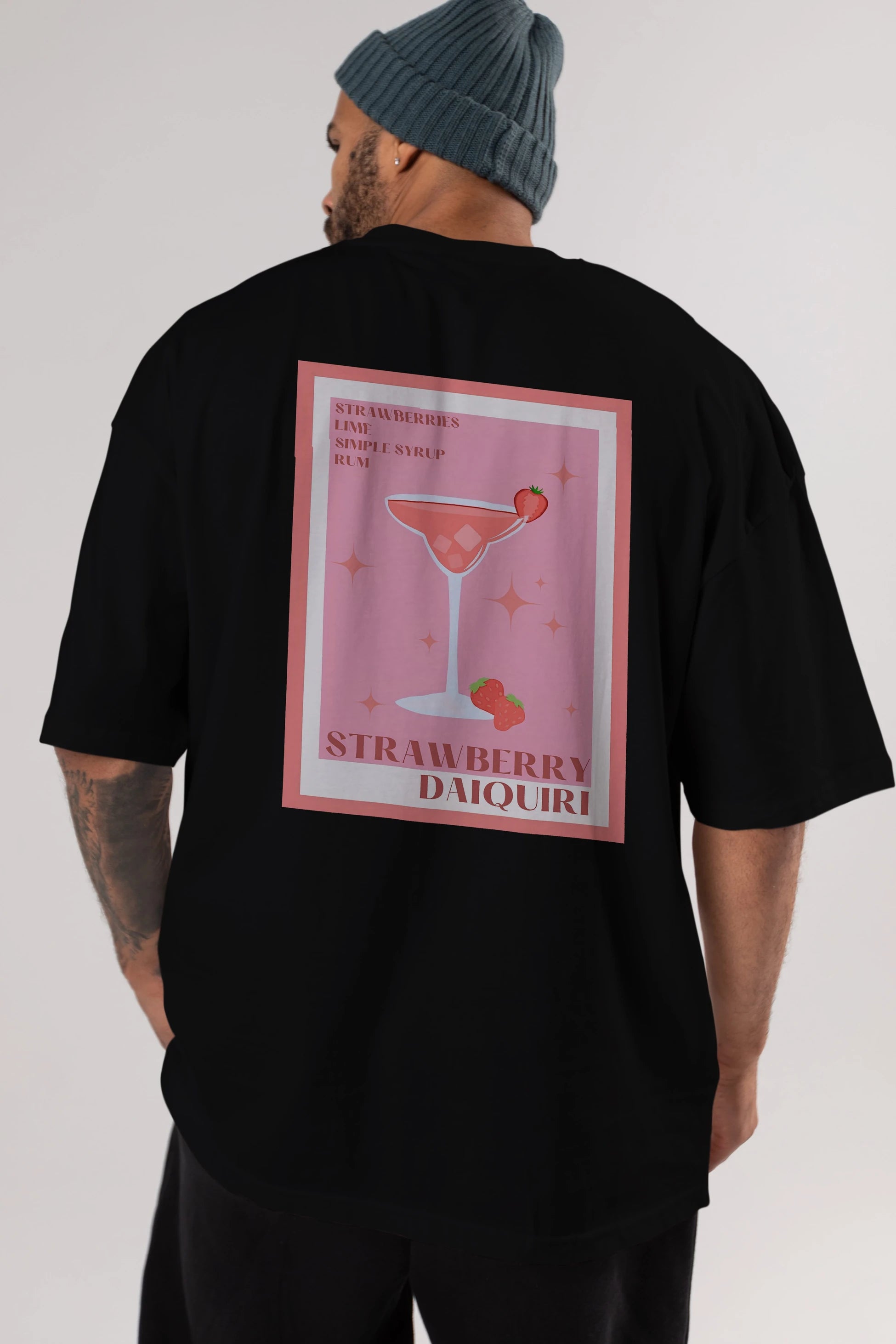 Strawberry Daiquiri Arka Baskılı Oversize t-shirt Erkek Kadın Unisex %100 Pamuk Bisiklet Yaka tişort