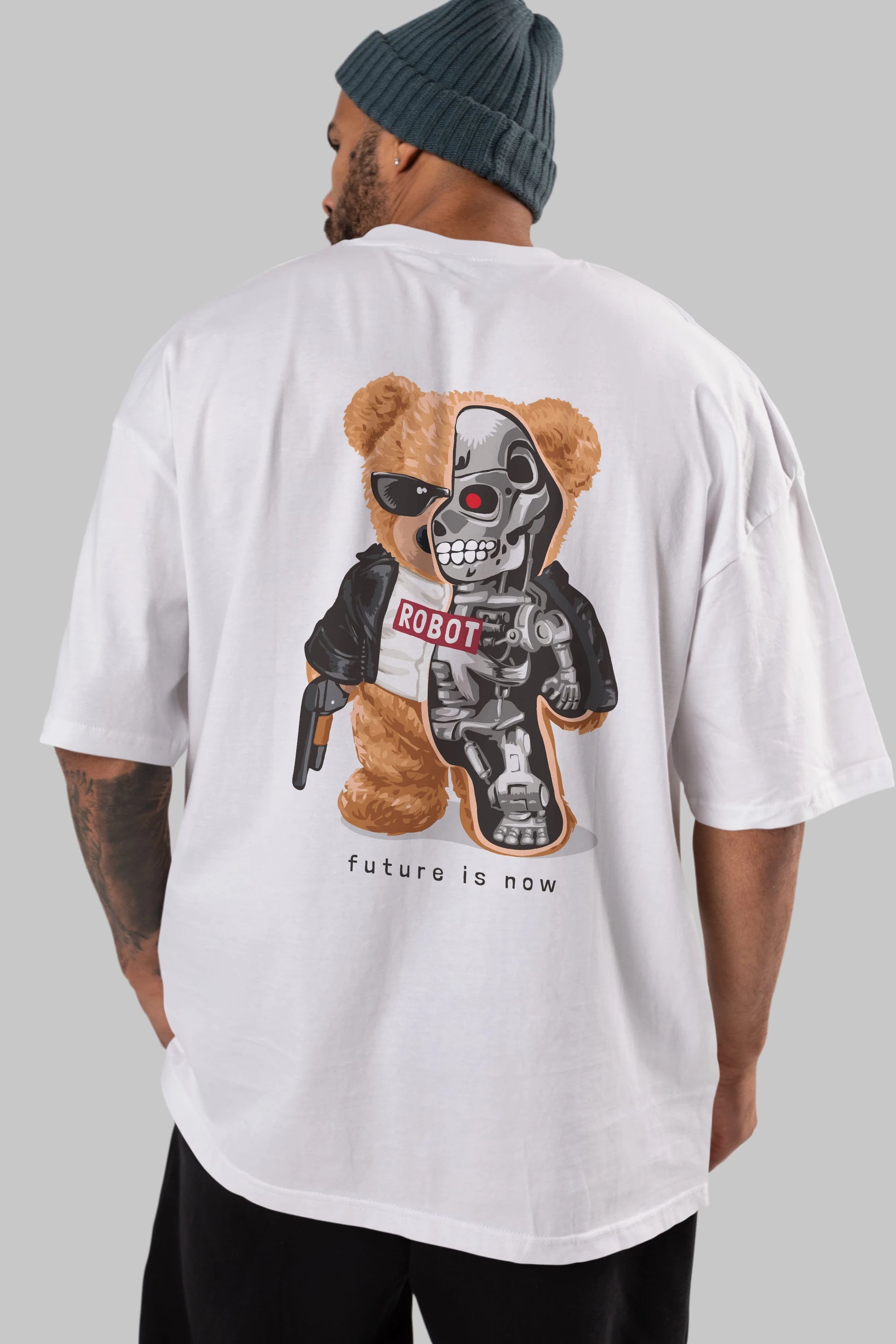 Teddy Bear Robot Arka Baskılı Oversize t-shirt Erkek Kadın Unisex %100 Pamuk