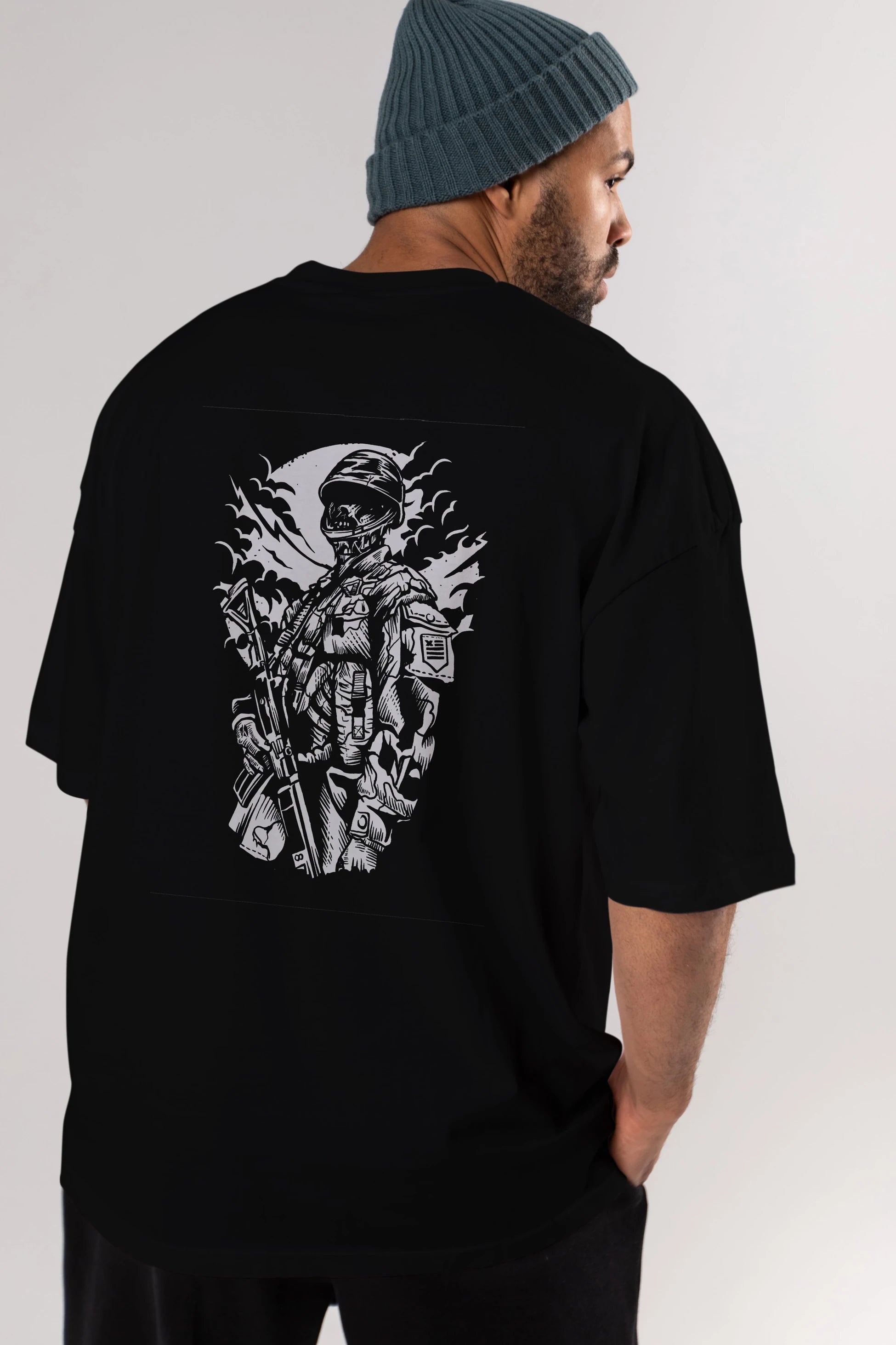 Zombie Soldier Arka Baskılı Oversize t-shirt Erkek Kadın Unisex %100 Pamuk