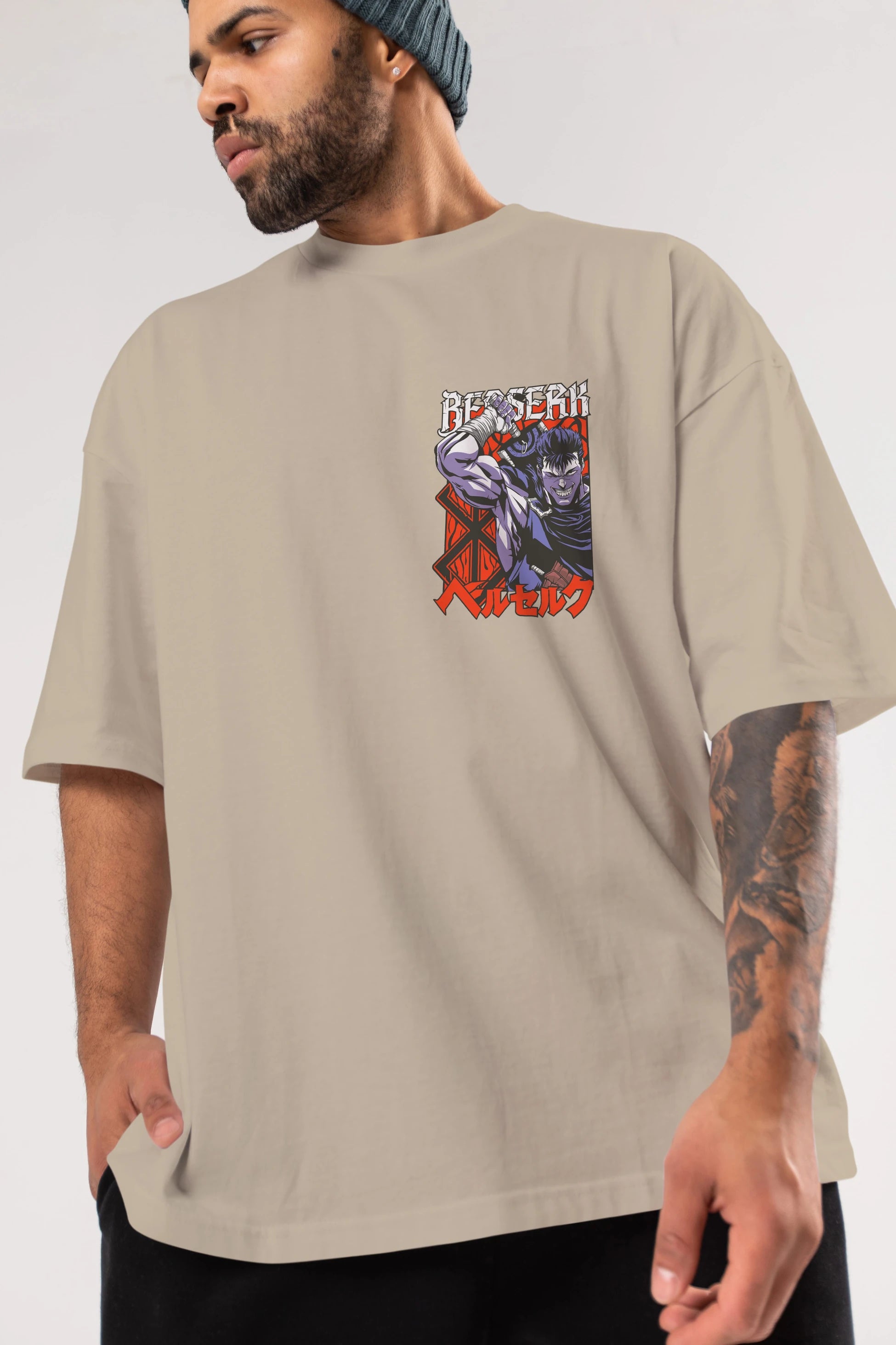 GUTS berserk Ön Sol Baskılı Oversize t-shirt Erkek Kadın Unisex %100 Pamuk Bisiklet Yaka tişort
