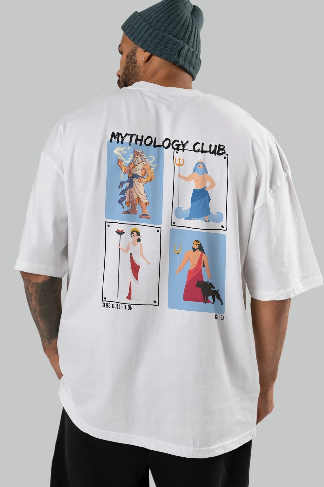 Mythology Club 2 Arka Baskılı Oversize t-shirt Erkek Kadın %100 Pamuk Bisiklet Yaka tişort