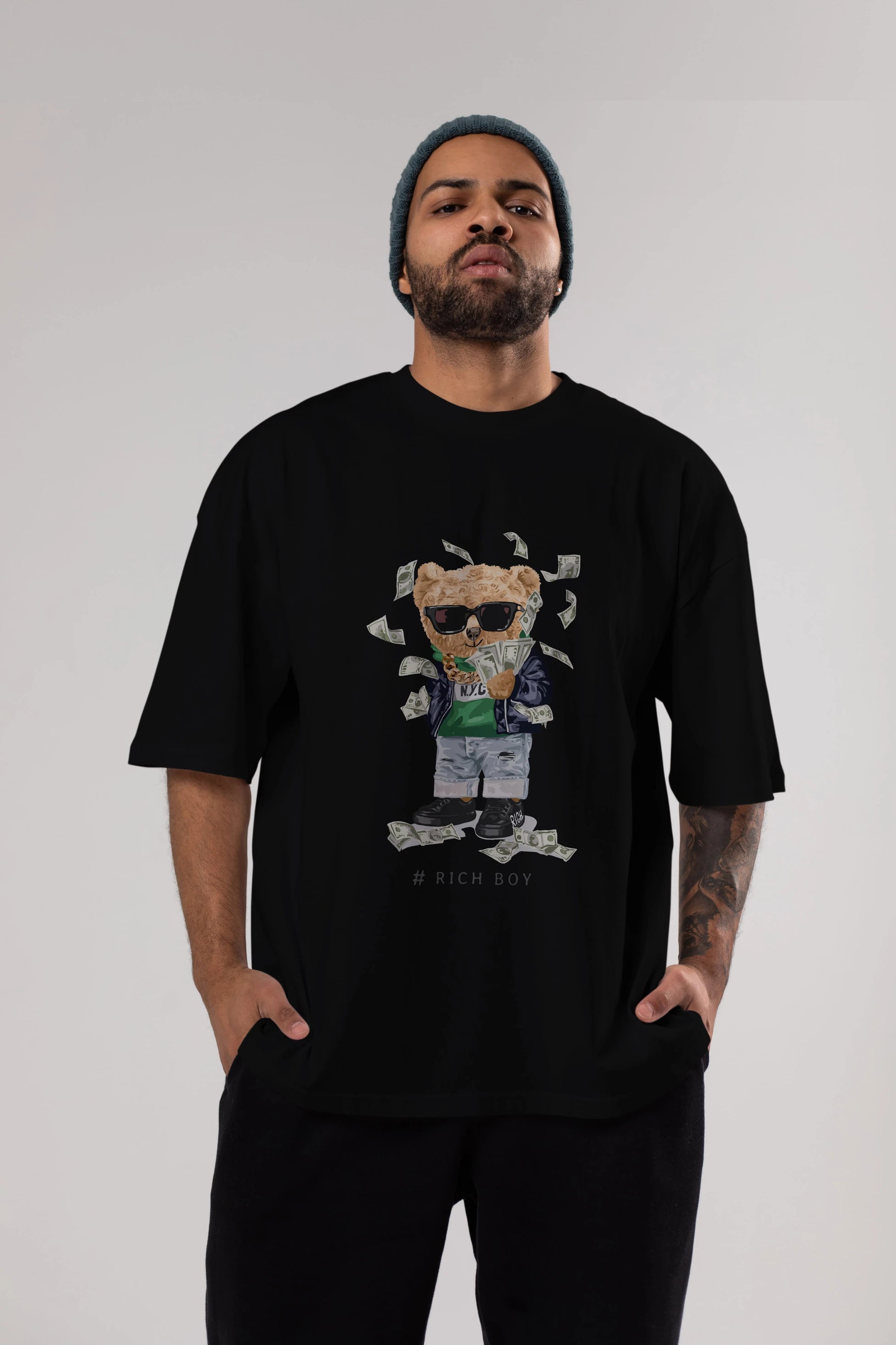 Teddy Bear Rich Boy Ön Baskılı Oversize t-shirt Erkek Kadın Unisex %100 Pamuk