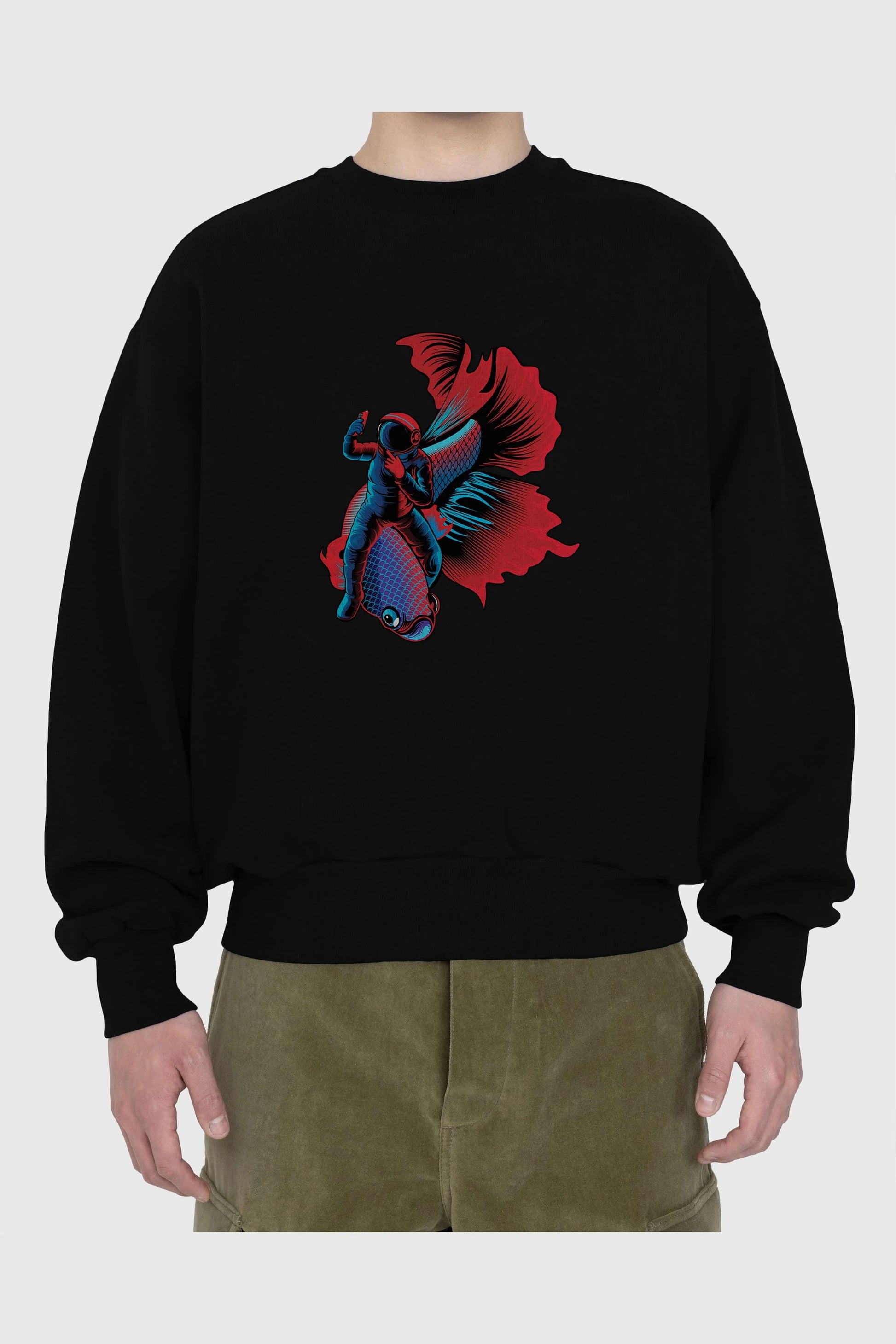 Astrofish selfie Ön Baskılı Oversize Sweatshirt Erkek Kadın Unisex