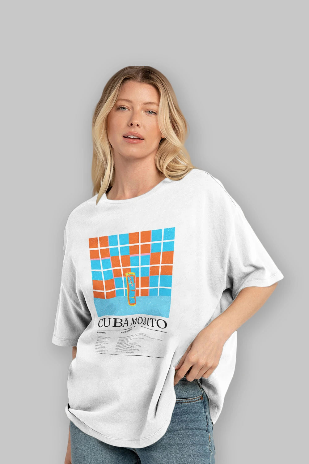 Cuba Mojito Kokteyl Ön Baskılı Oversize t-shirt Erkek Kadın %100 Pamuk Bisiklet Yaka tişort